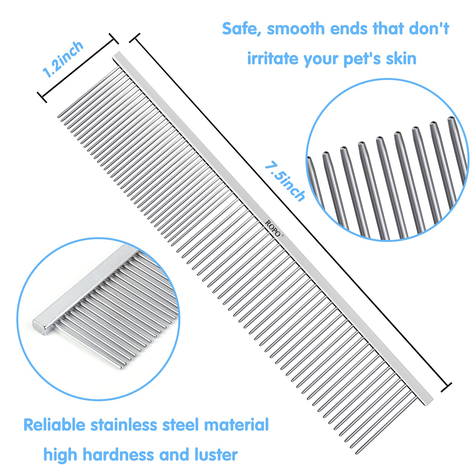 Ropo Dog Comb Tool For Removing Matted Fur - Pet Dematting Comb With Rounded Teeth And Non-Slip Grip Handle - Prevents Knots And Mats For Long And Short Haired Pets (Square Handle, Silver)