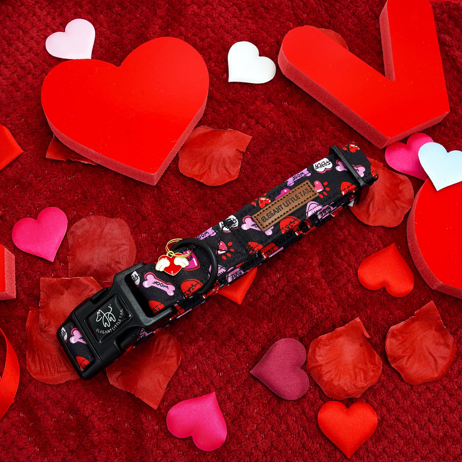 Elegant Little Tail Dog Collar, Red Heart Dog Collars Female Or Male Adjustable Cotton Pet Collar With Quick Release Buckle For