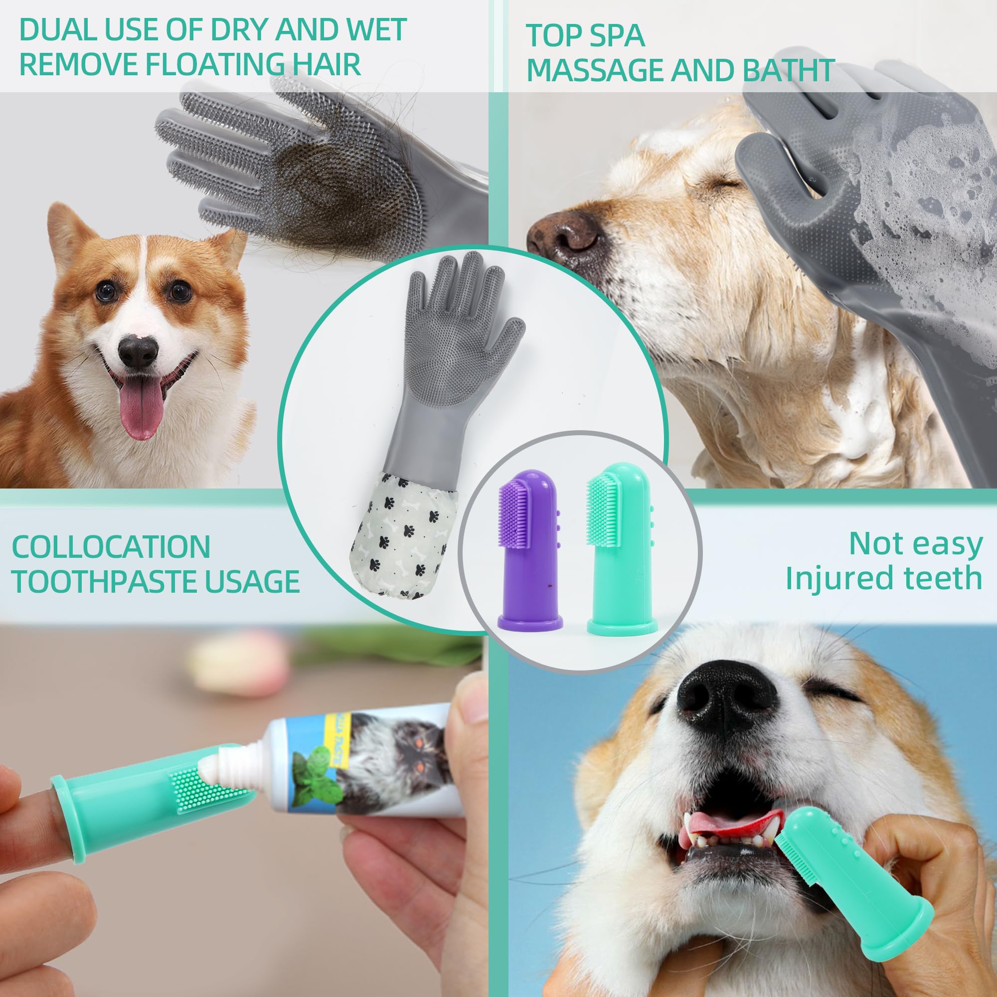 Robatun Pet Grooming Gloves & Hair Remover For Cats And Dogs - 2-In-1 Dog Bath Gloves With Finger Toothbrush & Extended Length -