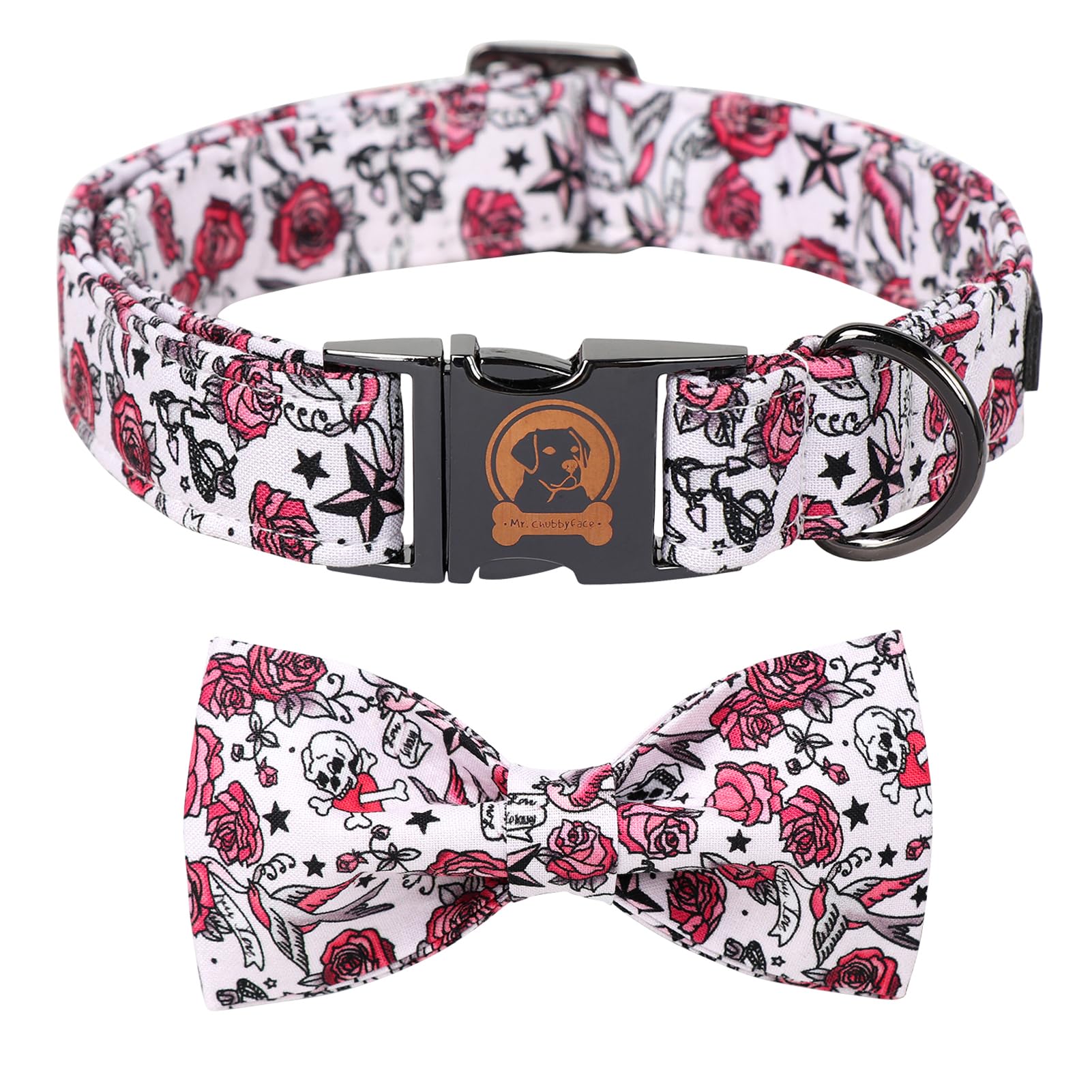 Mr. Chubbyface Valentine'S Dog Collar With Bow Tie-Cute Pink Rose Cotton Dog Collar, Adjustable Valentine'S Boy Girl Dog Collars