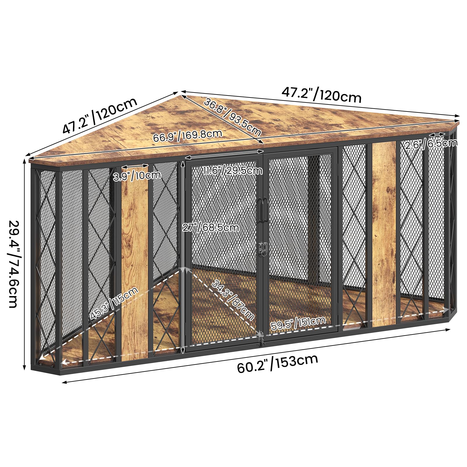 ?????????????? 67  XL Corner Dog Crate Furniture, Large Wooden Dog Kennel Furniture with 2 Doors, Decorative Dog Crate, Dog Kenn