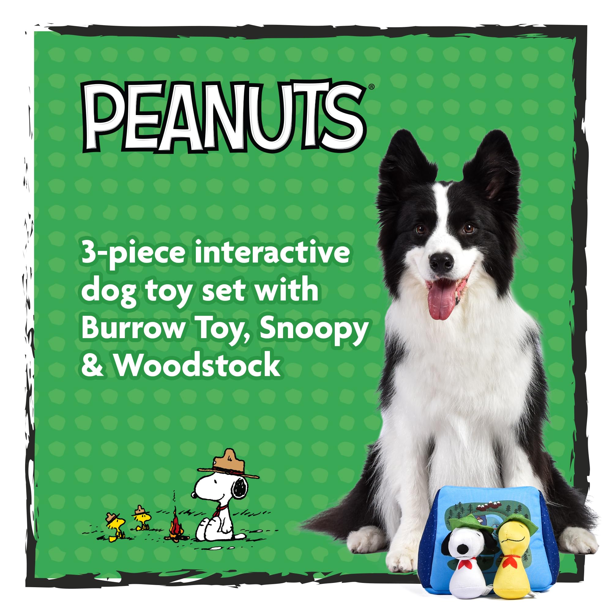 Peanuts For Pets 3-Piece Interactive Dog Toy Set, Burrow Toy, Snoopy & Woodstock Mini Plushes With Squeak Sound & Adventurer Ten