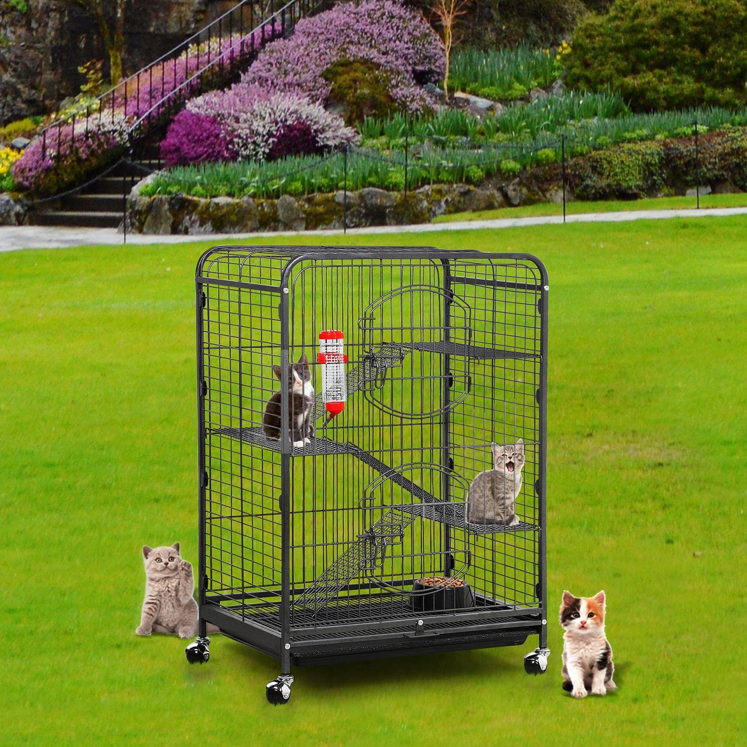 Yaheetech 37" Metal Ferret Chinchilla Cage - Indoor/Outdoor, Black, Iron, 2 Front Doors, Feeder, Wheels