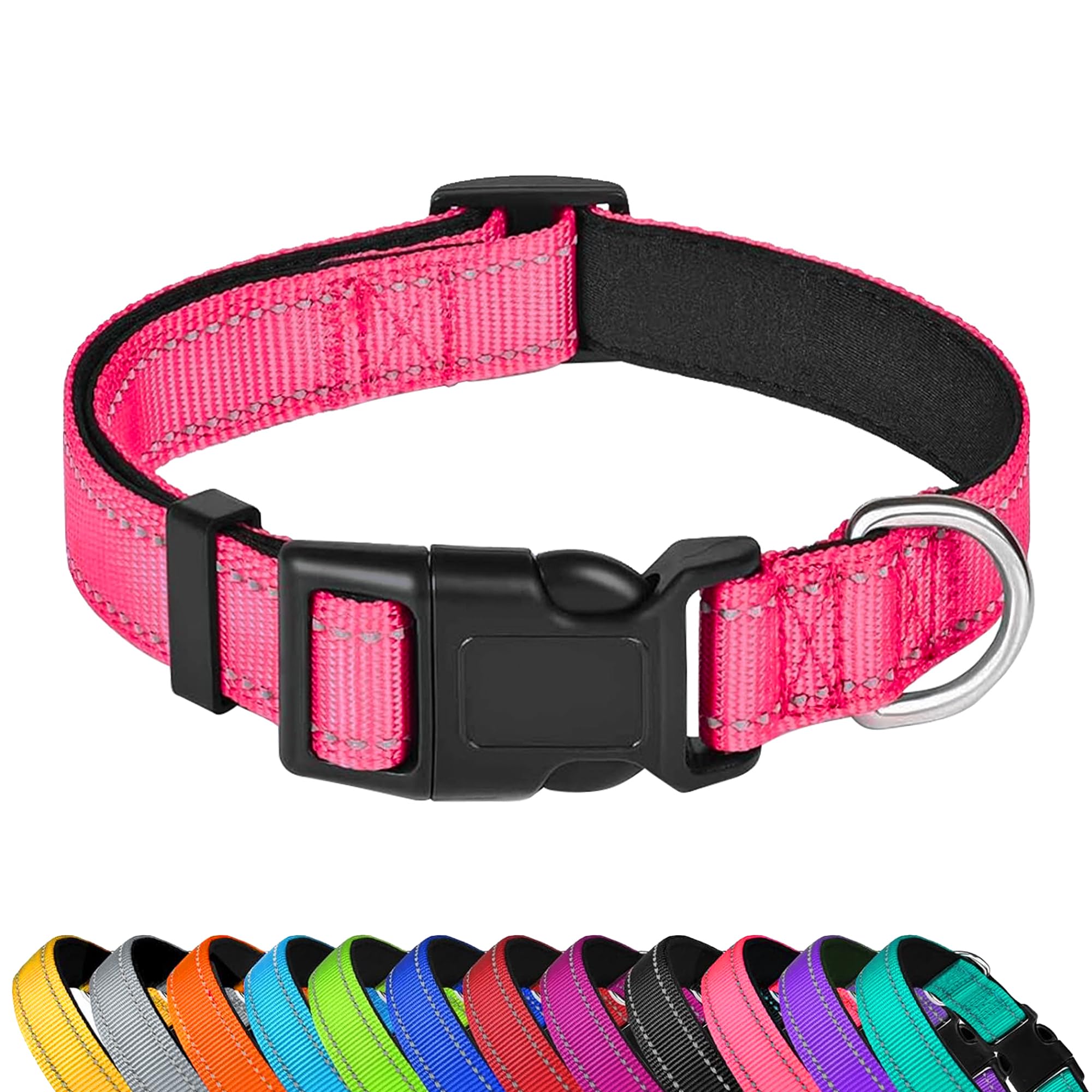 Pwod Reflective Dog Collar, Adjustable Soft Neoprene Padded Nylon Pet Collars With Buckle For Medium Dogs, Hotpink,M