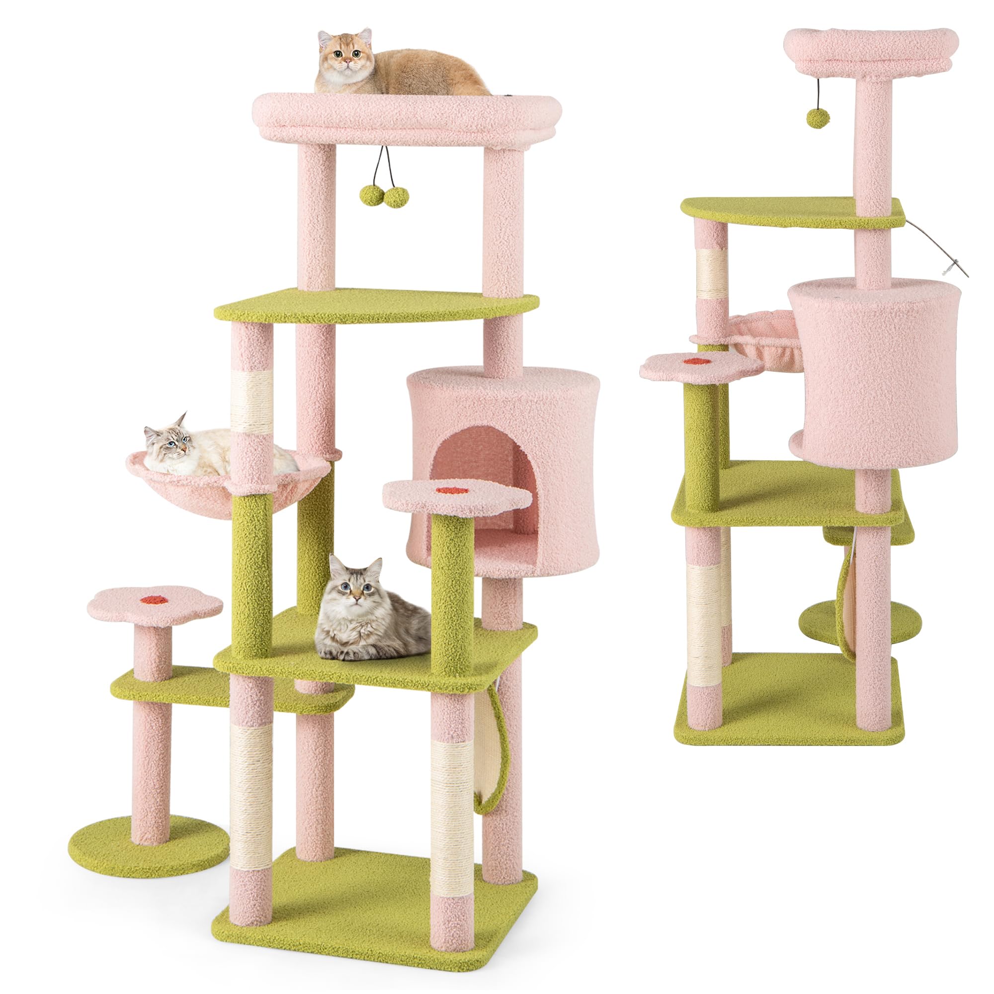 PETSITE 58-inch Flower Cat Tree, Multi-Level Cat Tower with Sisal Scratching Posts and Board, Cat Condo, Side Basket, and Dangli