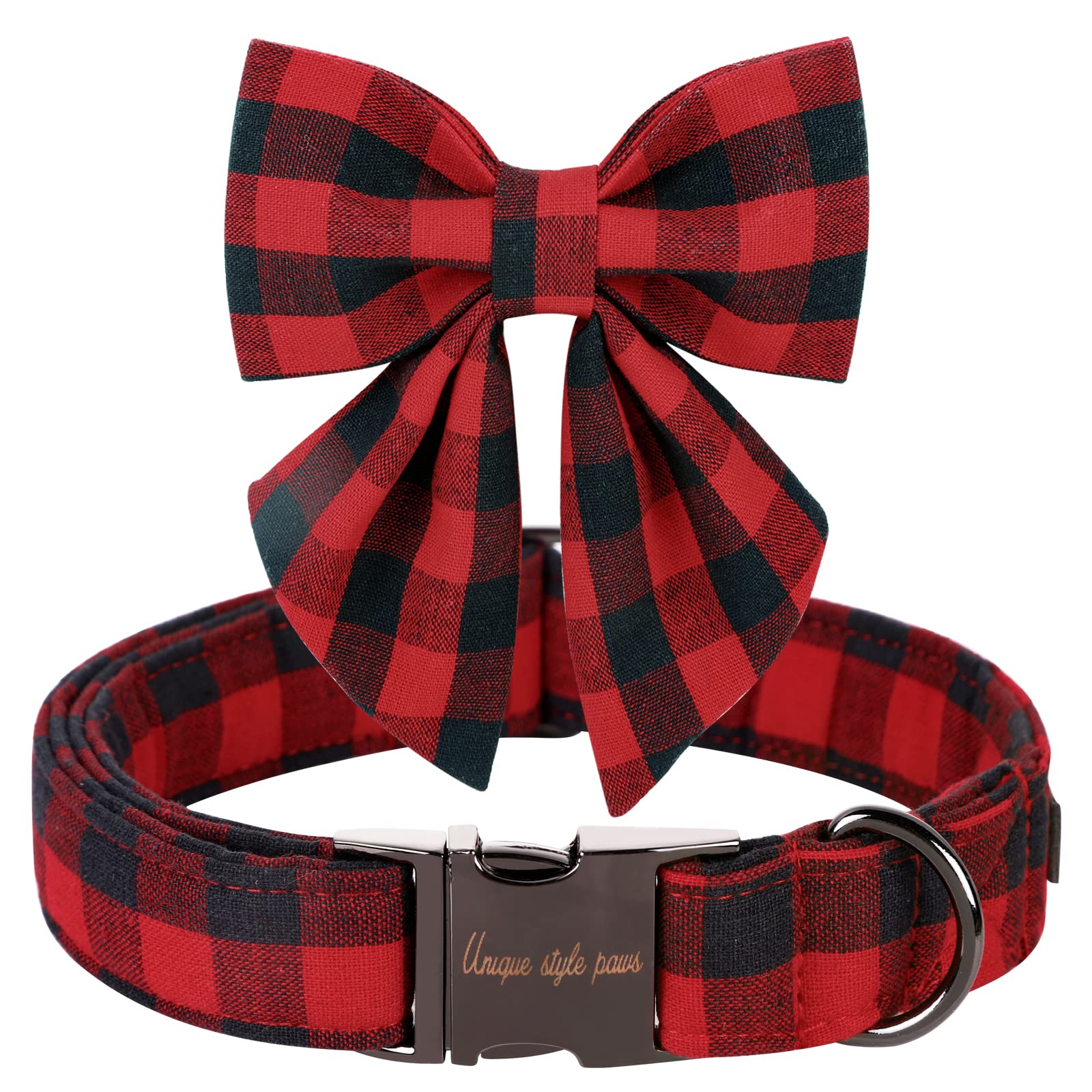 Unique Style Paws Christmas Dog Collar With Bow Tie Classic Red Plaid Puppy Collar For Small Medium Large Dogs As Holiday Winter Gifts-L