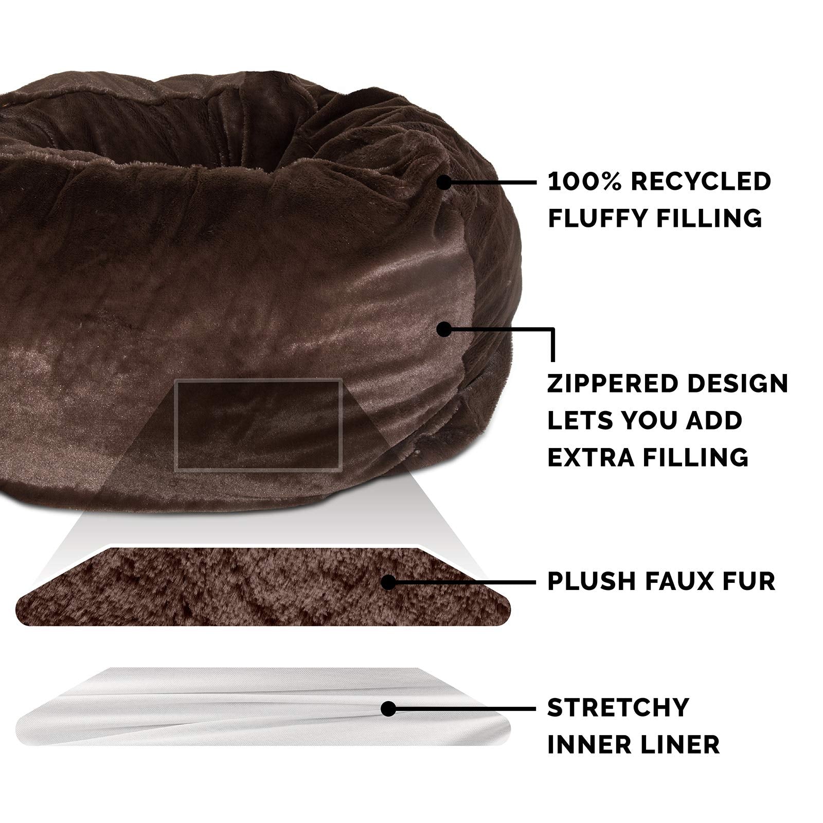 Furhaven Soft & Cozy Dog Bed For Small Dogs, Refillable W/ Removable Washable Cover & Liner, For Dogs Up To 20 Lbs - Plush Faux Fur Bean Bag Style Ball Bed - Espresso, Small