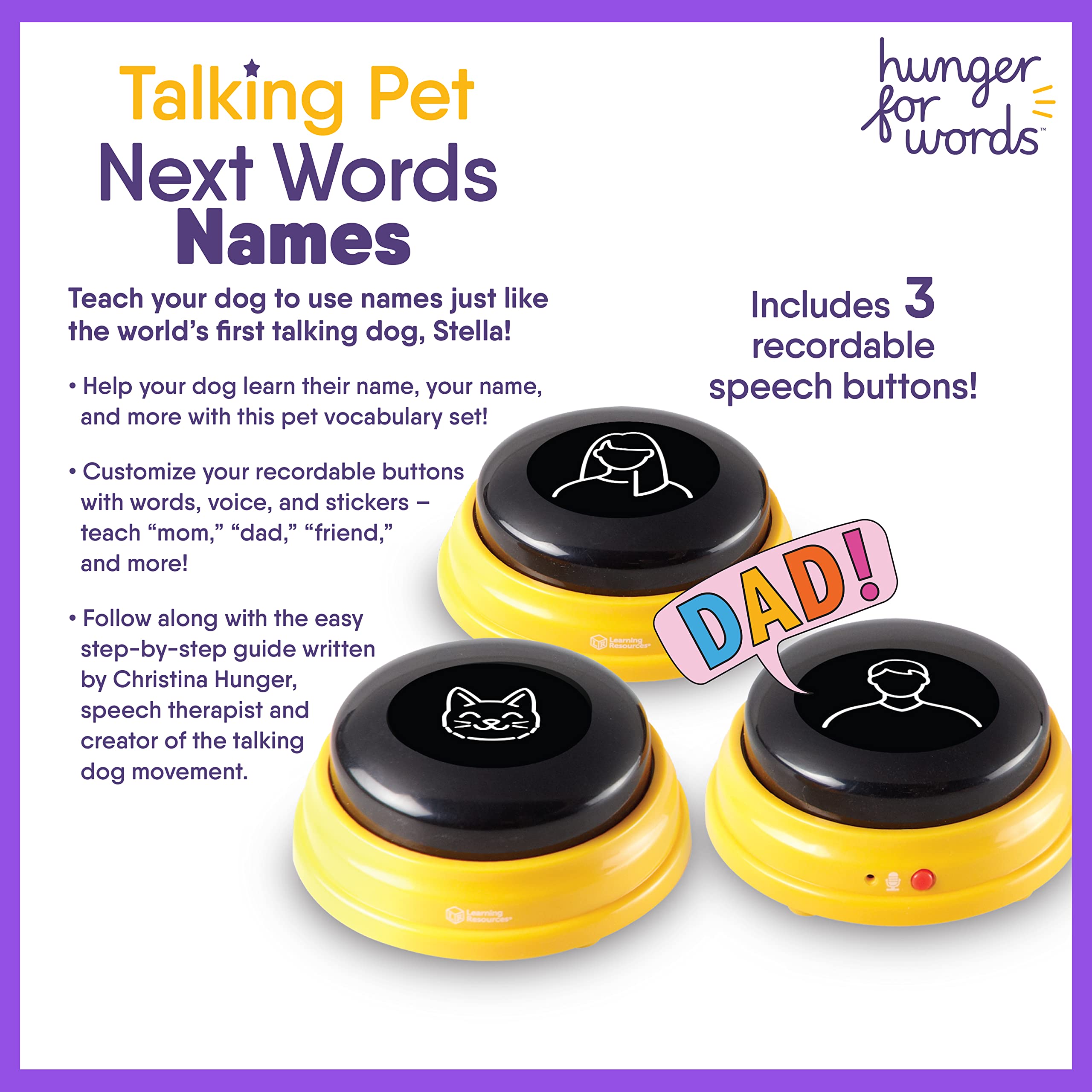 Hunger For Words Talking Pet Next Words Names - 3 Piece Set Of Recordable Speech Buttons For Dog Training, Dog Buttons For Commu
