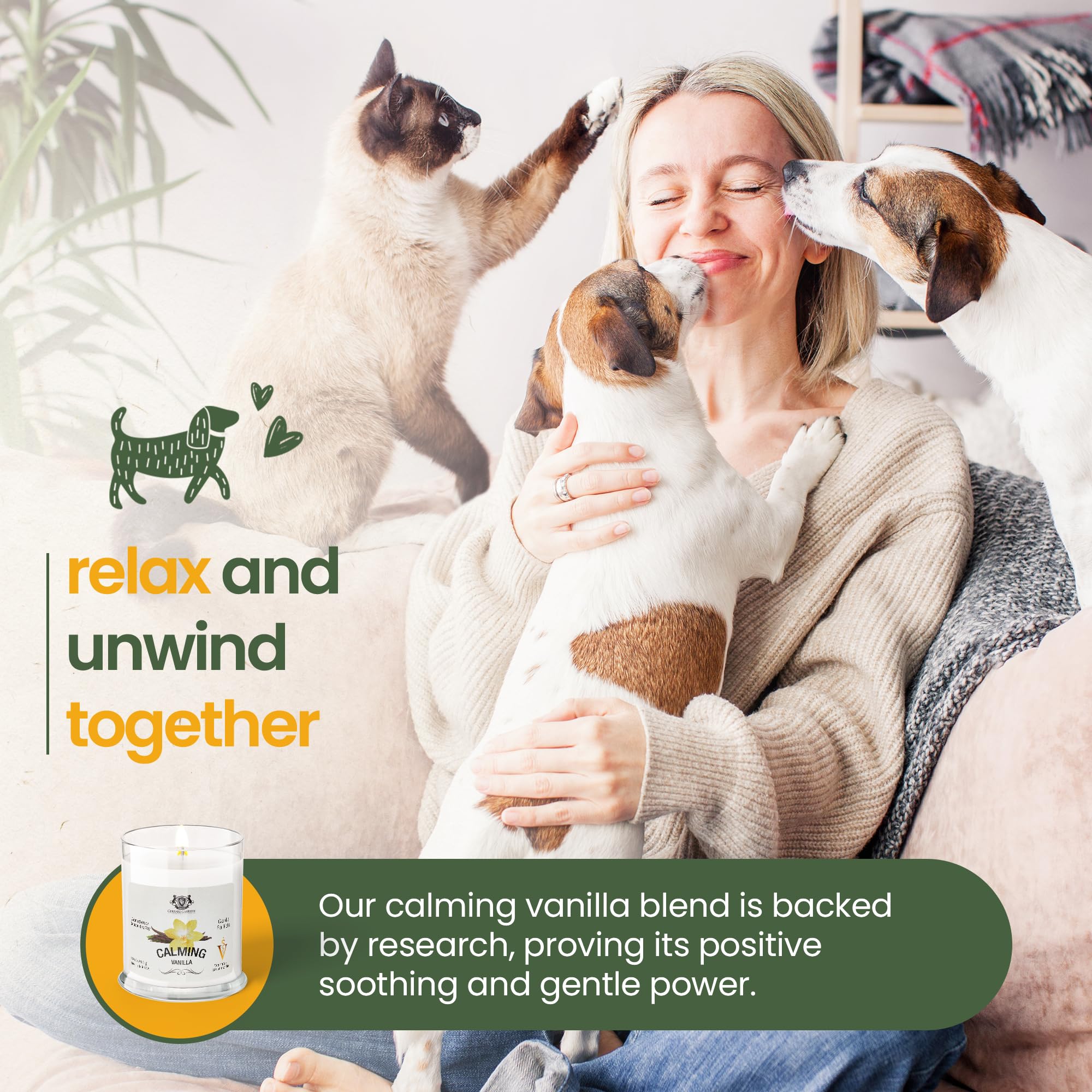 Gerrard Larriett - Deodorizing Soy Candles For Pets, Scented Candles For Removing Pet/Household Odors, White Candles For Home Scented With Calming Vanilla Candle Lasts Up To 40 Hours, 10 Oz