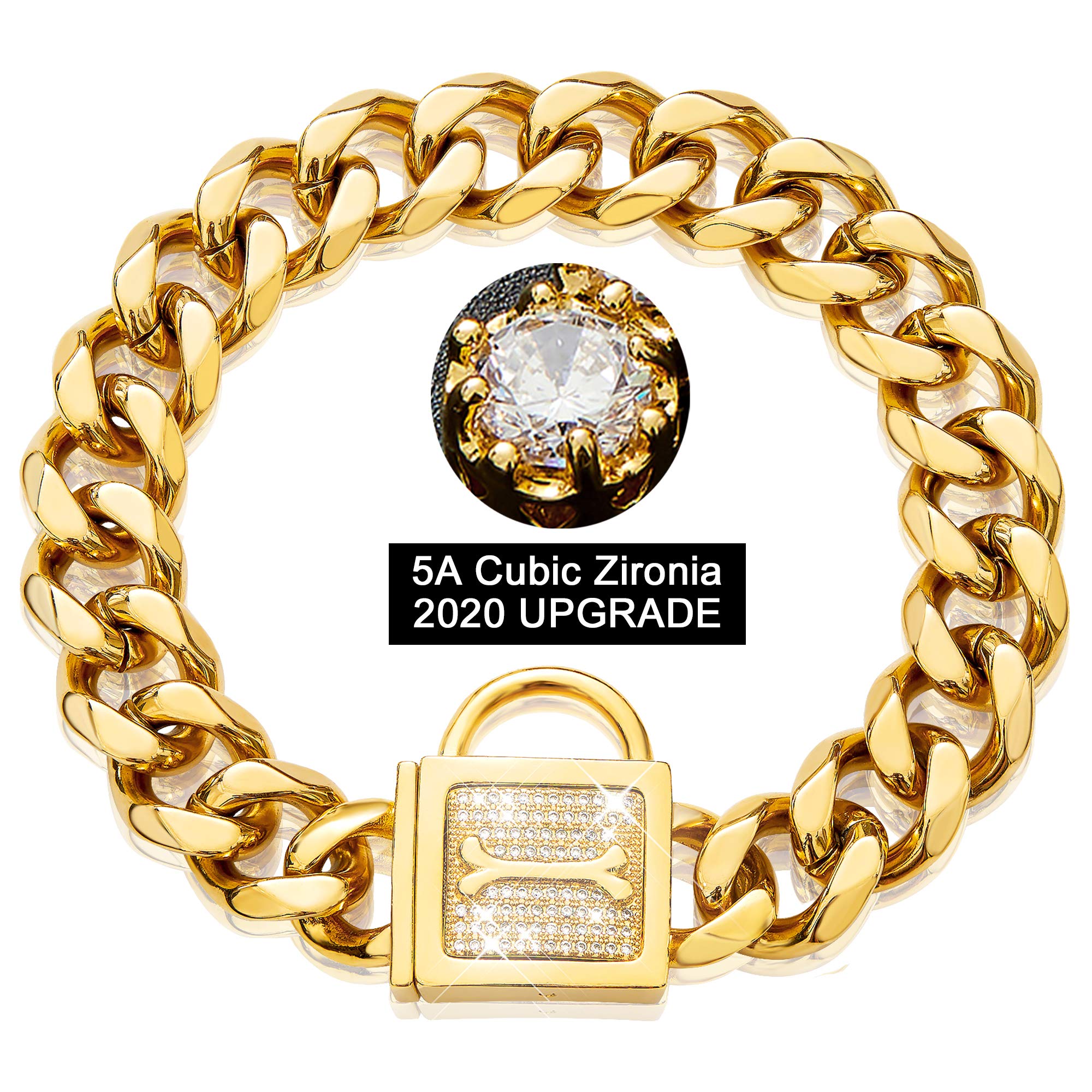 Pradog Dog Chain Collar With Zirconia Buckle 19Mm Gold Cuban Link Puppy Collar Gold Dog Chain Bling Necklace For Medium Dogs (19