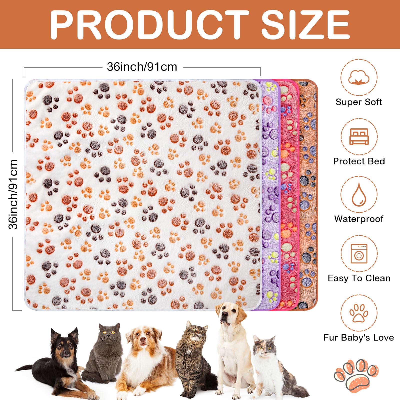 Panelee 4 Pcs Waterproof Dog Blankets Washable Puppy Paw Print Fleece Blanket For Small Medium Pet Cat Whelping Warm Soft Sleep
