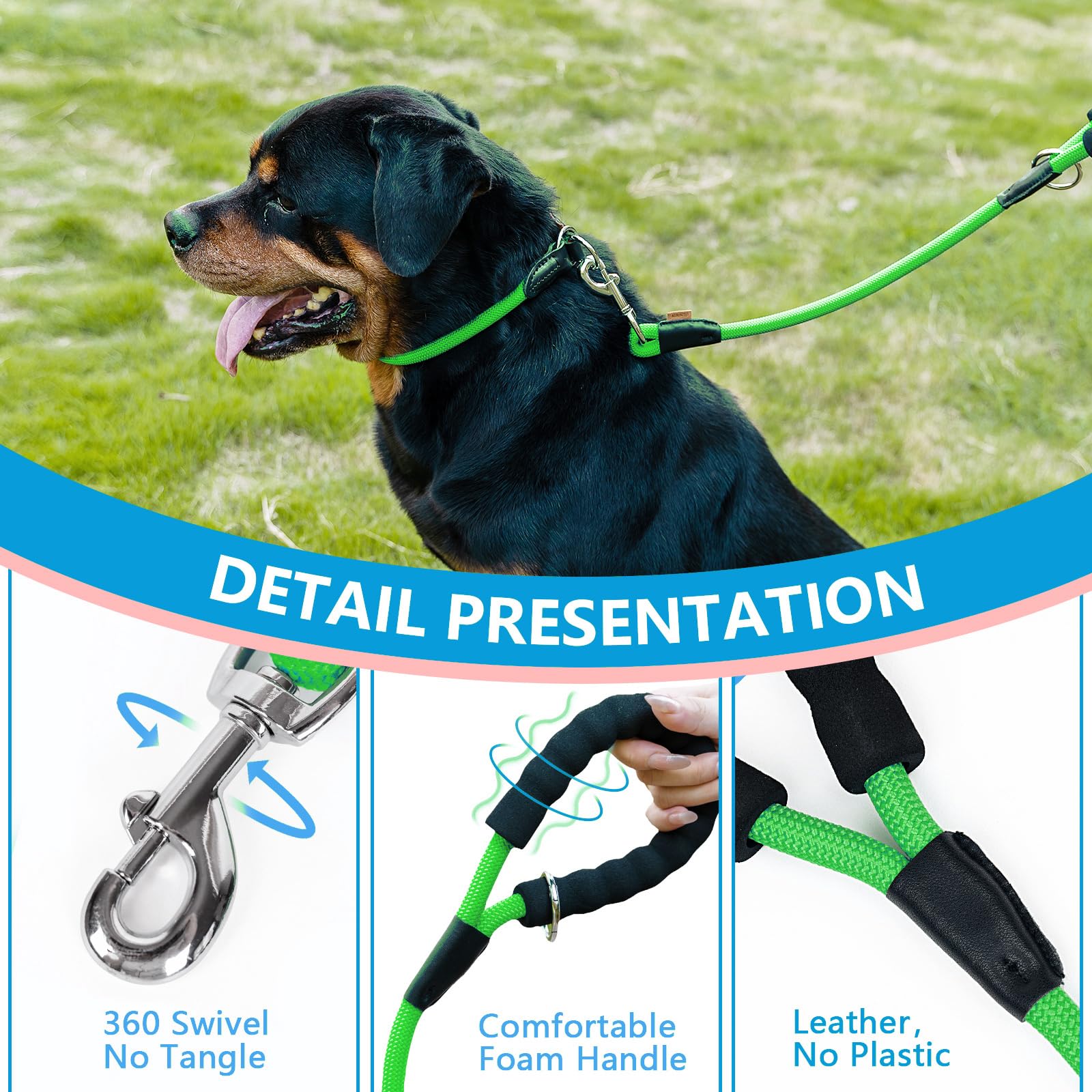Aiminto Dog Leash, Braided Rope Traction - Walking Training Lead for Medium/Large Dogs ((1/2 '') x 6FT, Light Green)