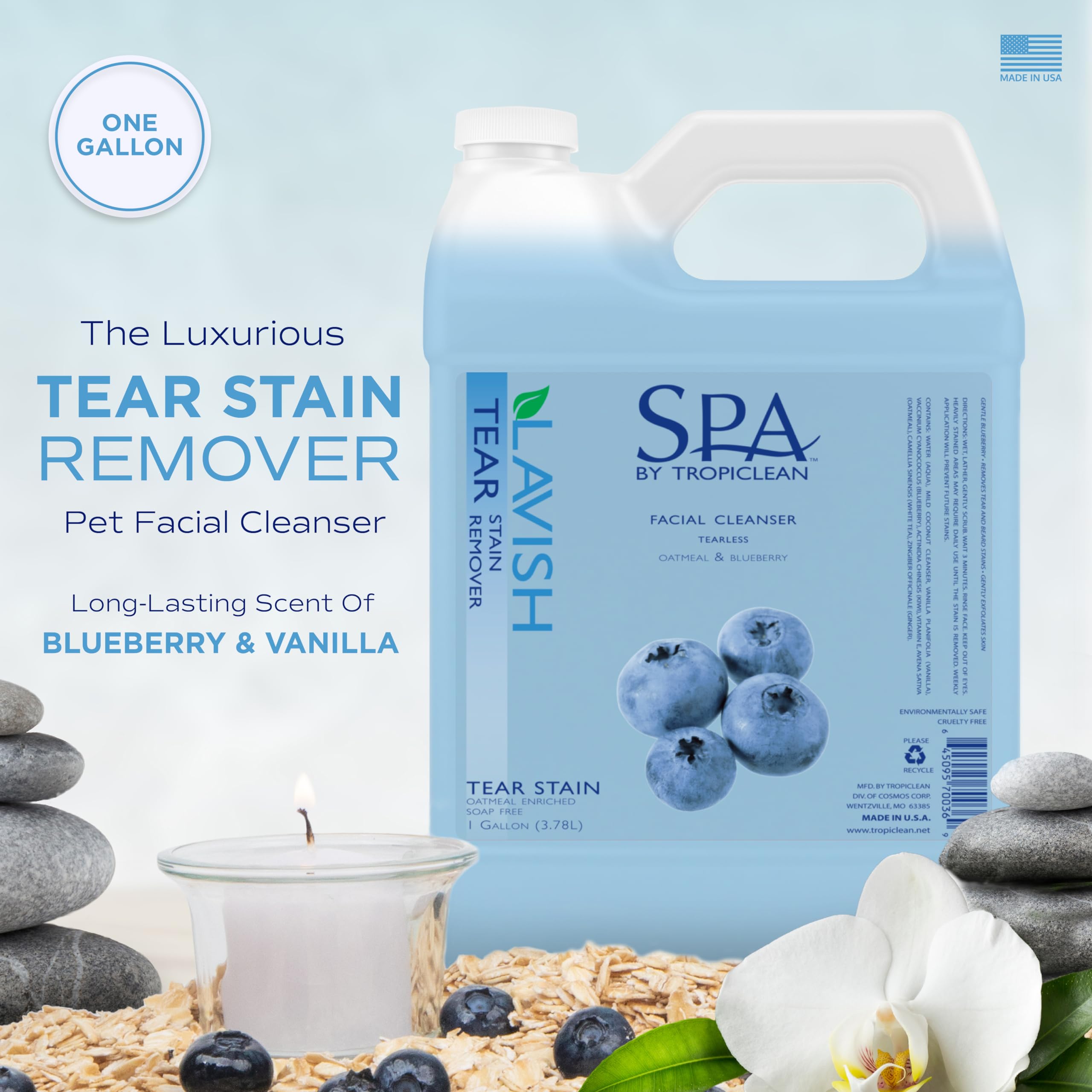 Tropiclean Spa Tear Stain Remover For Dogs | Blueberry Facial Shampoo | Odor Eliminator | Tearless | Whitening And Brightening | Made In Usa | 1 Gallon
