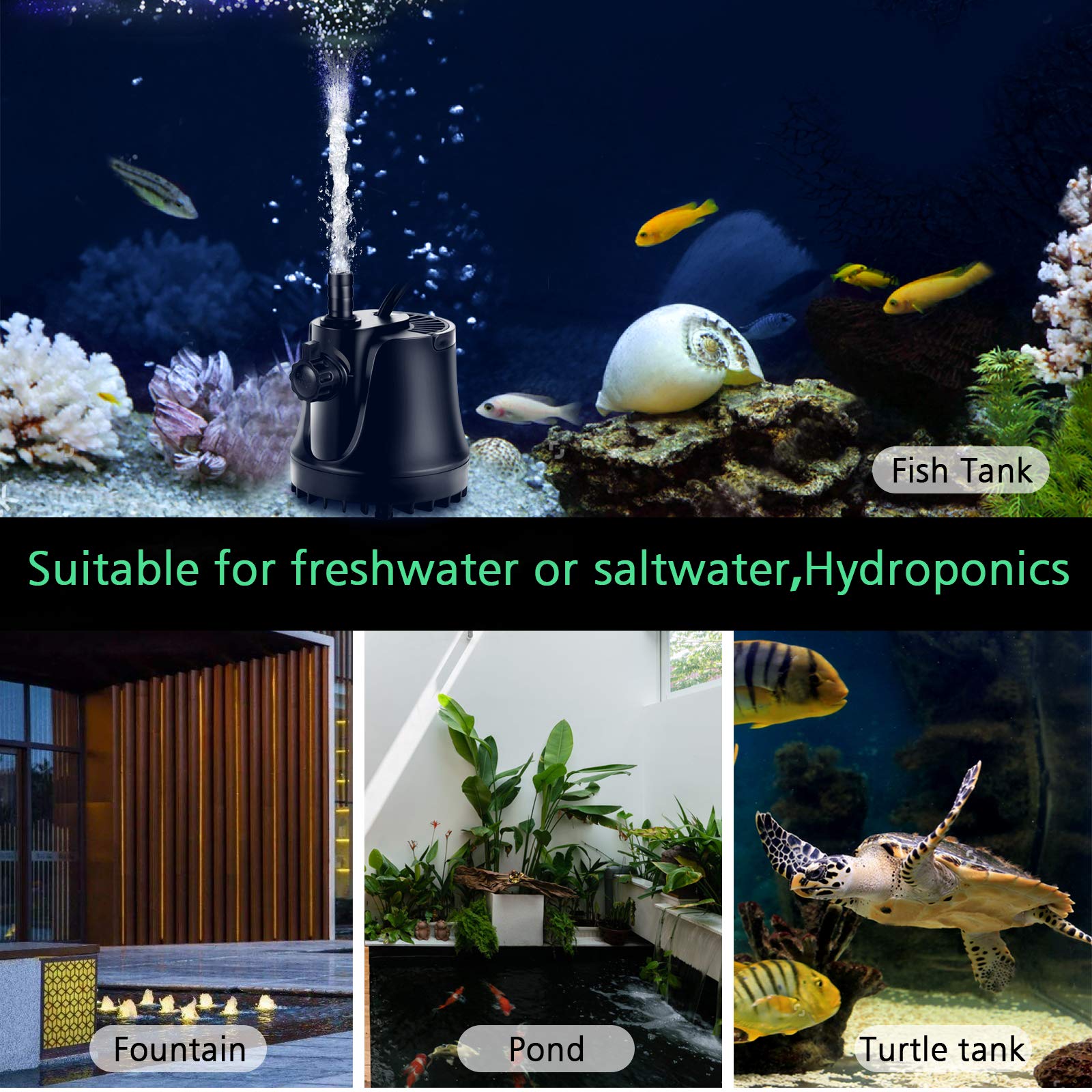 Aqqa Submersible Water Pump,265-800Gph Aquarium Pump Ultra-Quiet Fountain Pump,Adjustable Flow Rate With High Lift,2 Nozzles 6Ft Power Cord For Aquarium,Fish Tank, Pond, Hydroponics (15W 265Gph)