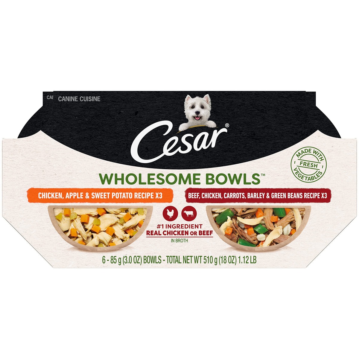 Cesar Wholesome Bowls Adult Soft Wet Dog Food Variety Pack, Beef, Chicken, Carrots, Barley & Green Beans Recipe And Chicken, App