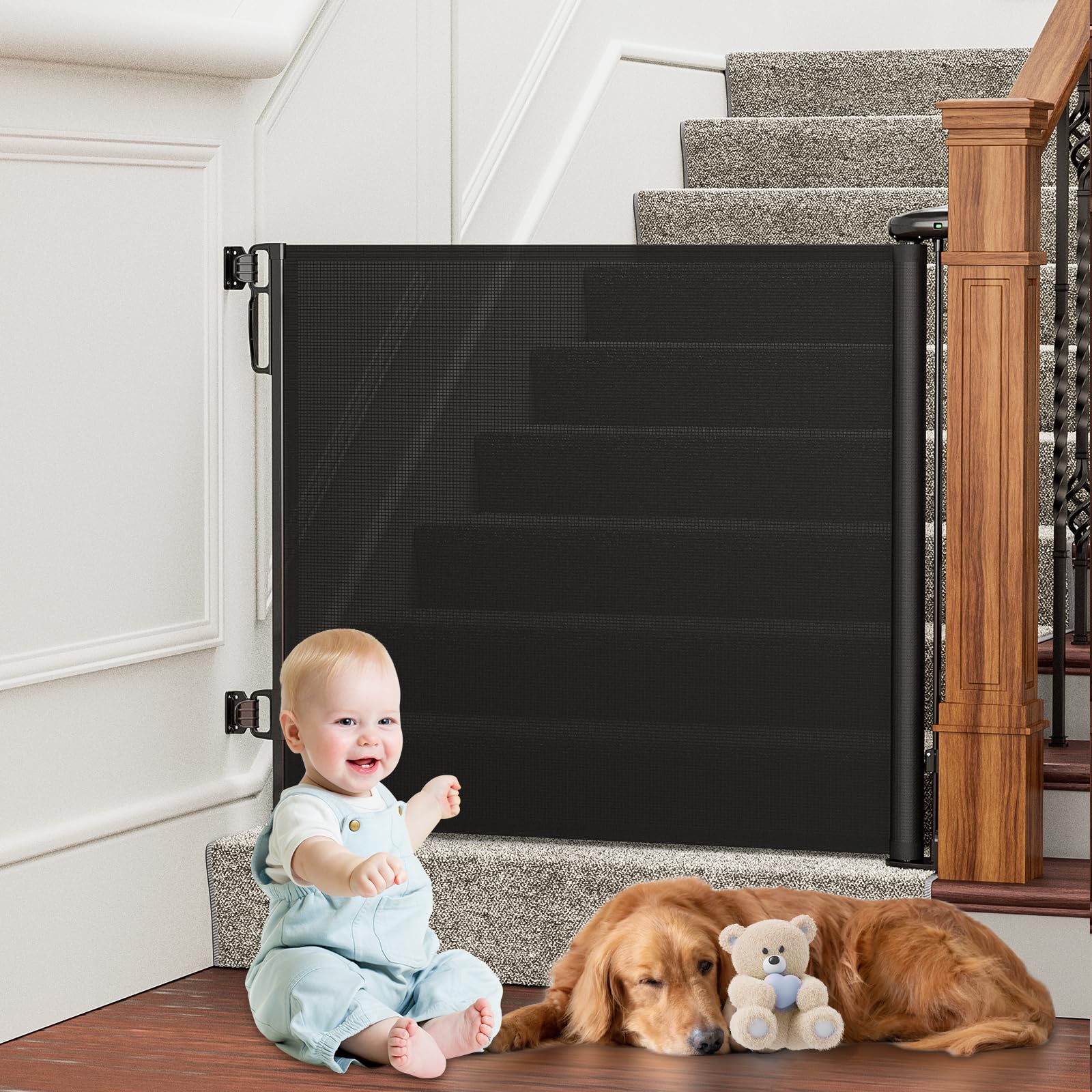 Probebi Retractable Baby & Dog Gate - Extra Wide (54' W X 34' H), Ideal For Stairs, Hallways, Doorways, Deck & Porch