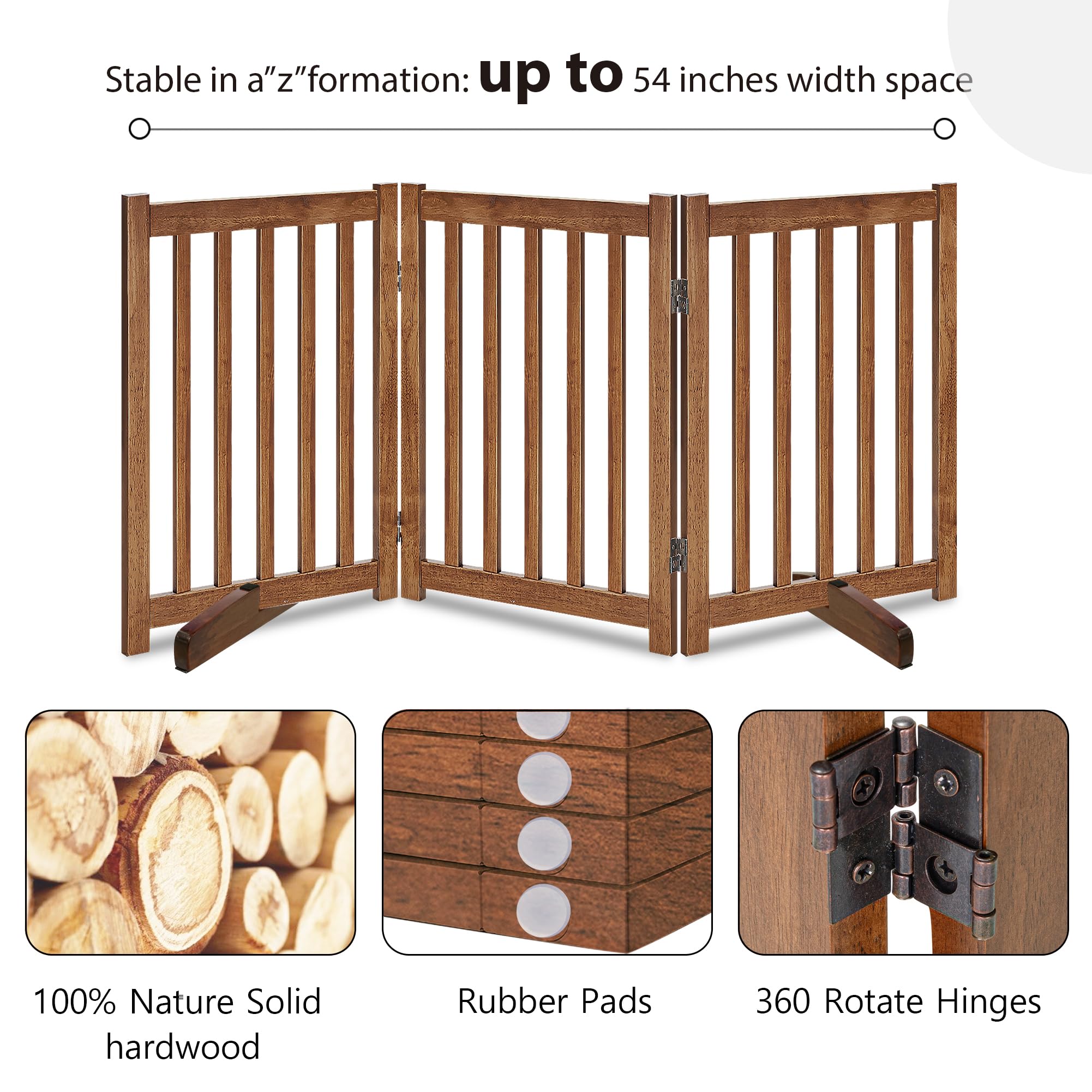 LZRS Freestanding Dog Gate 30 inch Tall - 3 Panels Solid Wooden Pet Gate for Doorways, Stairs & Hallways, Expandable & Foldable