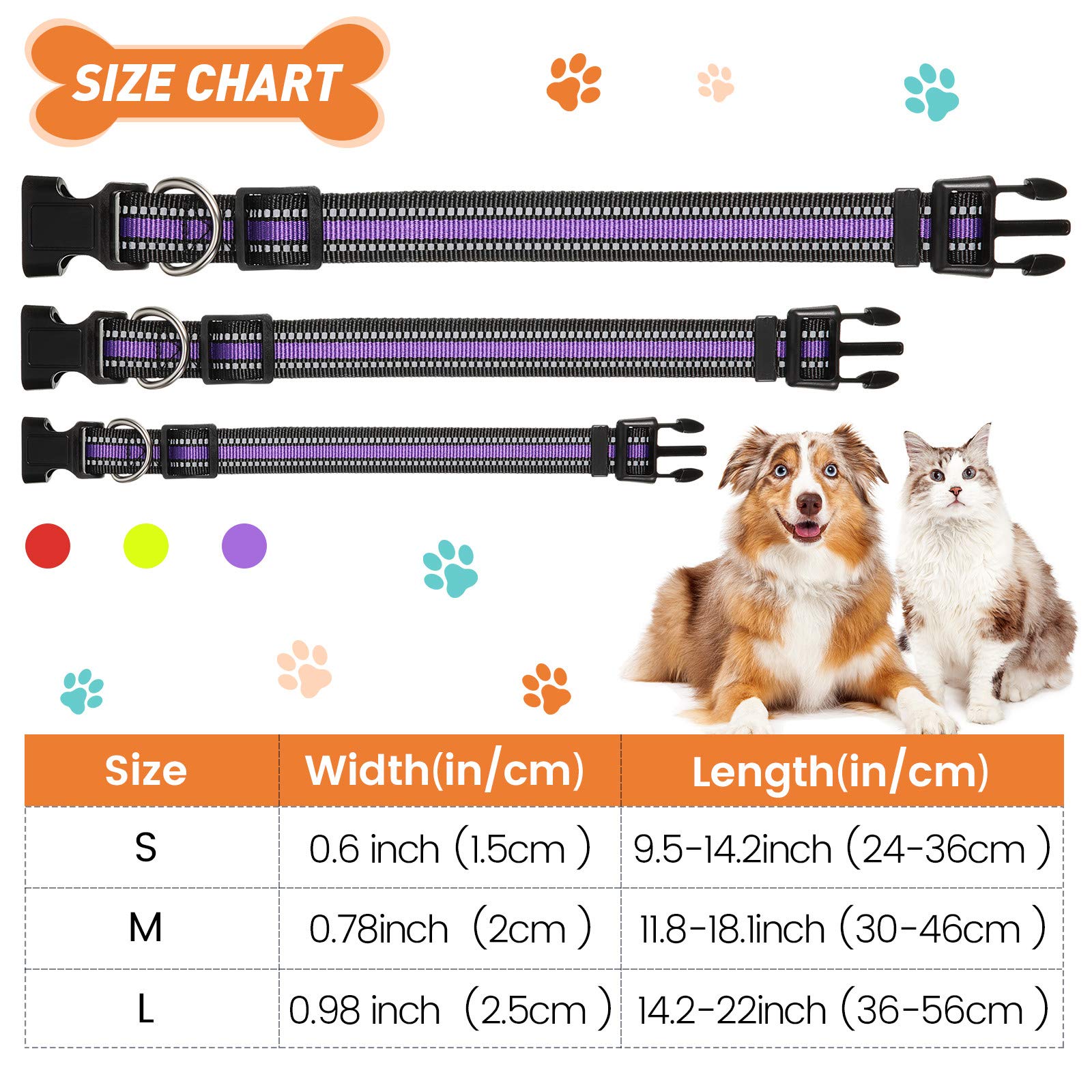 Weewooday 3 Pieces Reflective Dog Collar Nylon Adjustable Quick Release Pet Collars For Dogs(Medium)