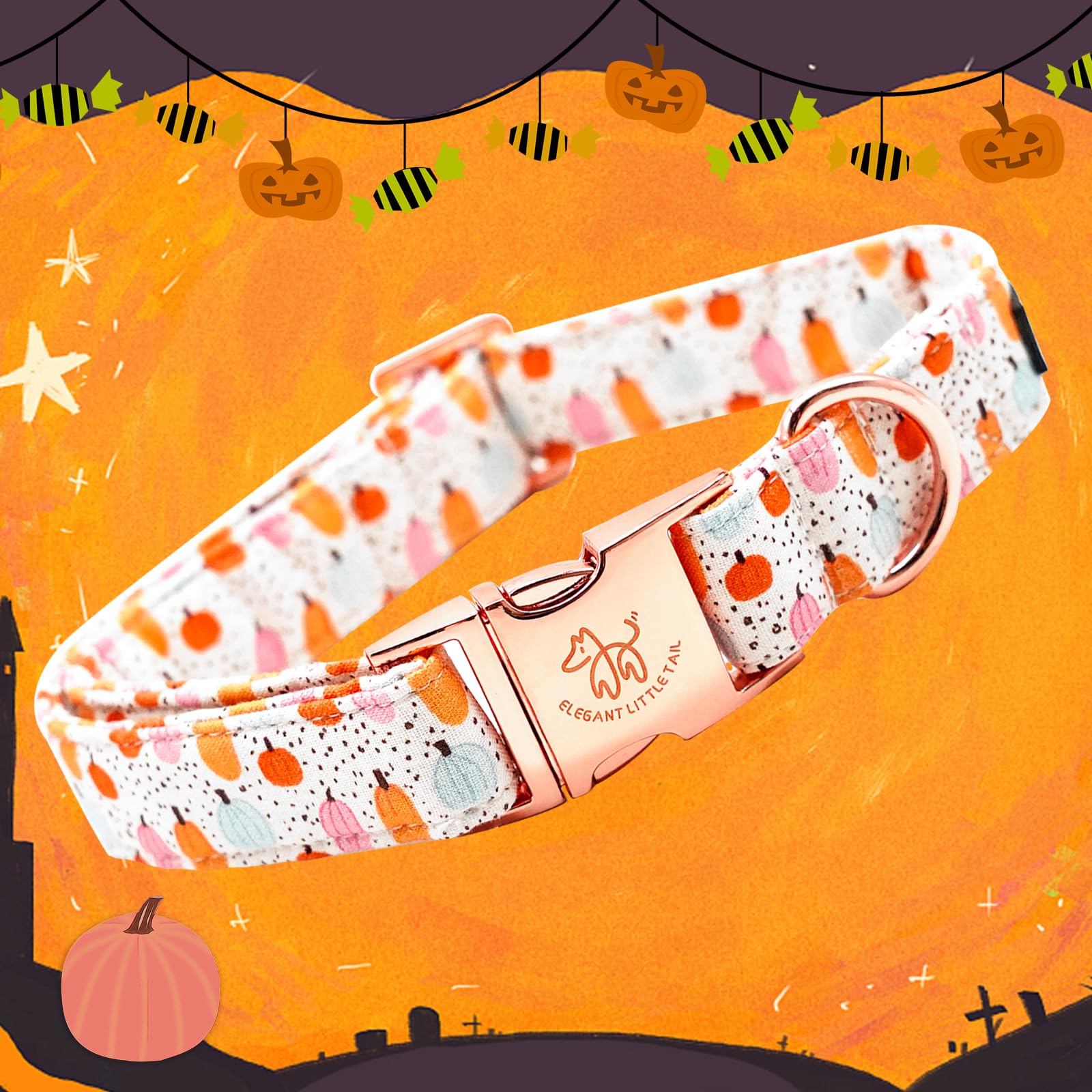 Elegant Little Tail Dog Collar - Halloween Pumpkin Print Pet Collar For Small Dogs, Puppies - Cotton With Metal Buckle, Adjustab