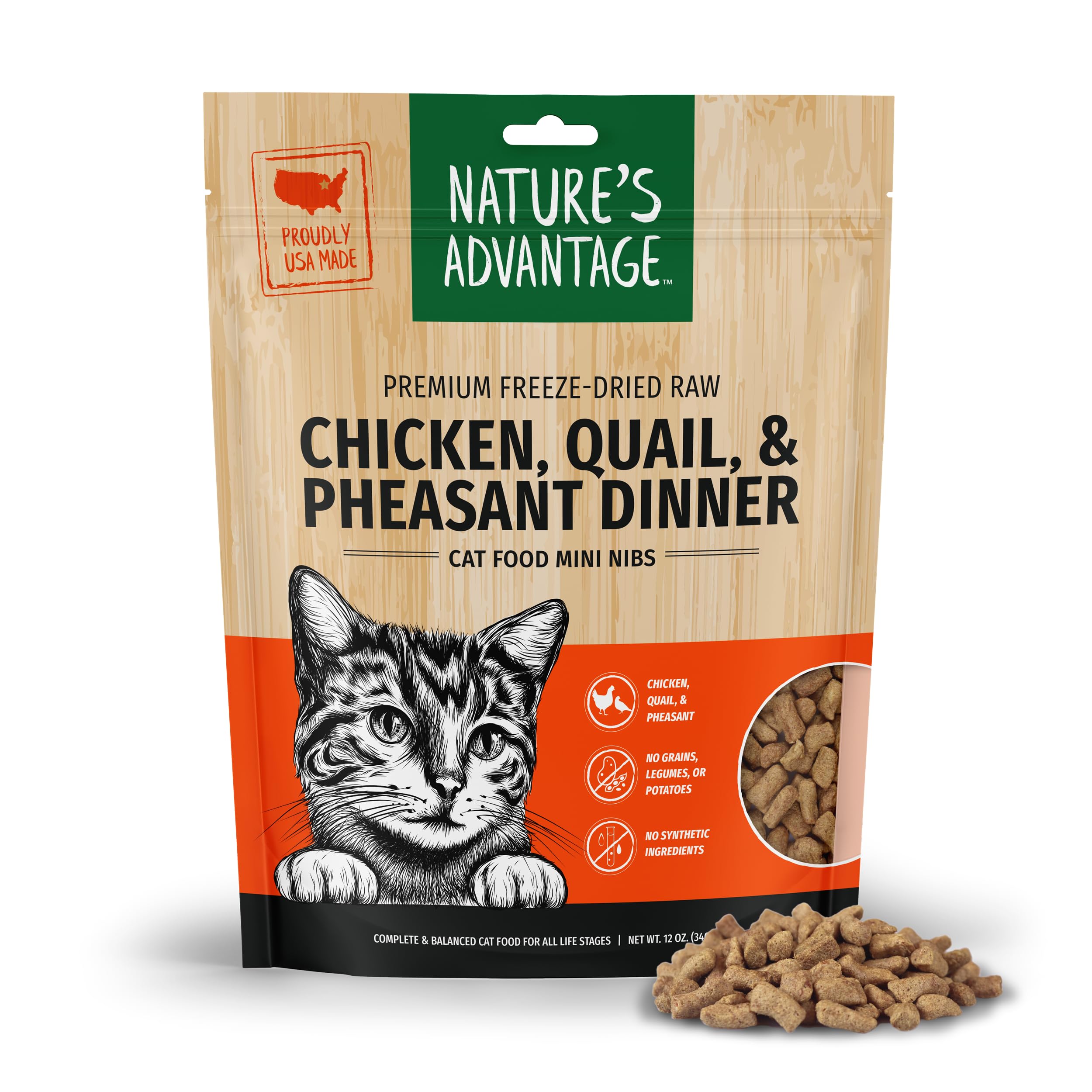 Natures Advantage Freeze-Dried Raw Chicken, Quail, & Pheasant Dinner Cat Food Mini Nibs, 12 oz | Grain Free, High Protein Nutri