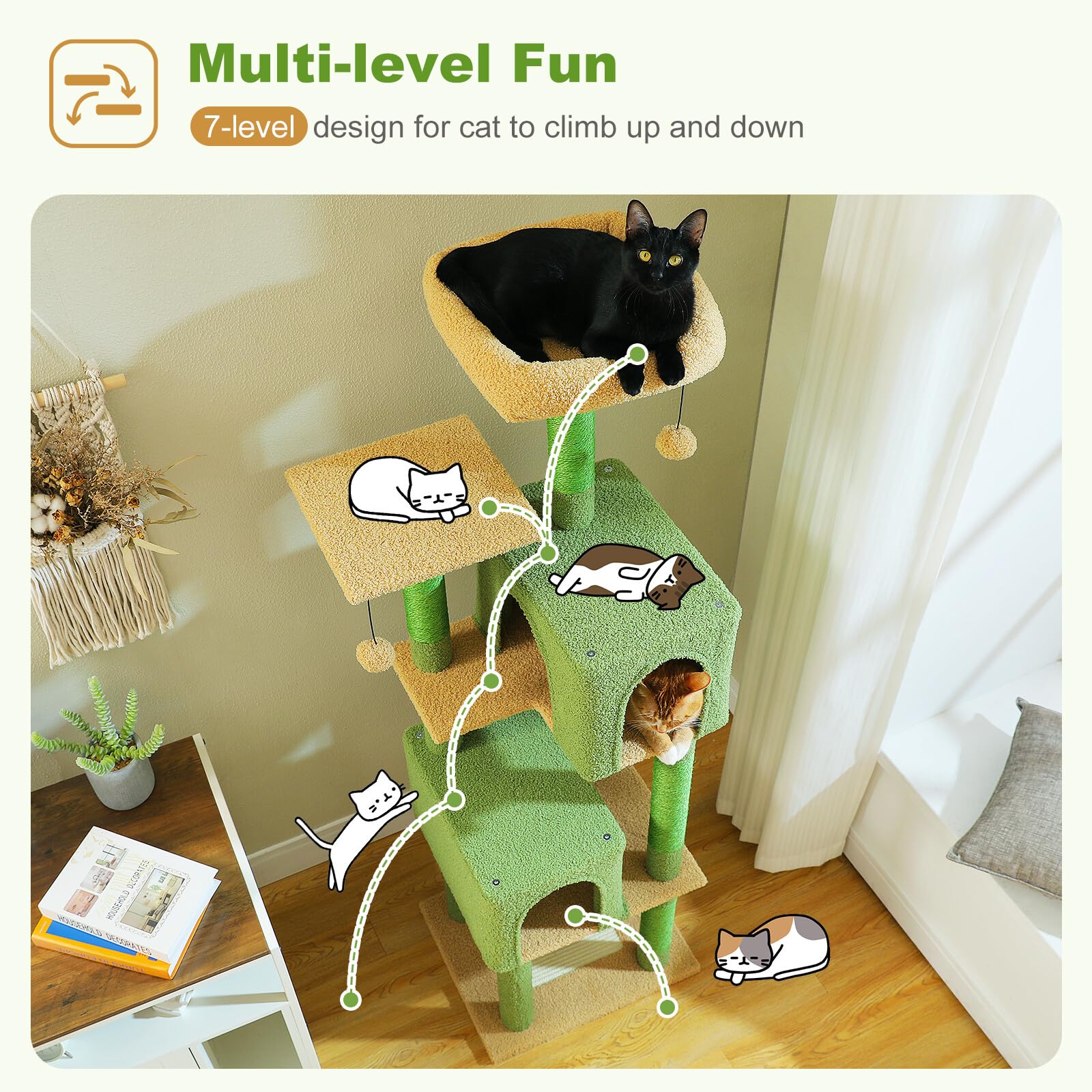 Uymi Cactus Cat Tree For Indoor Cats, 62'' Multi-Level Cat Tower With 2 Spacious Condos, Scratching Pad, 4 Cat Scratching Posts,