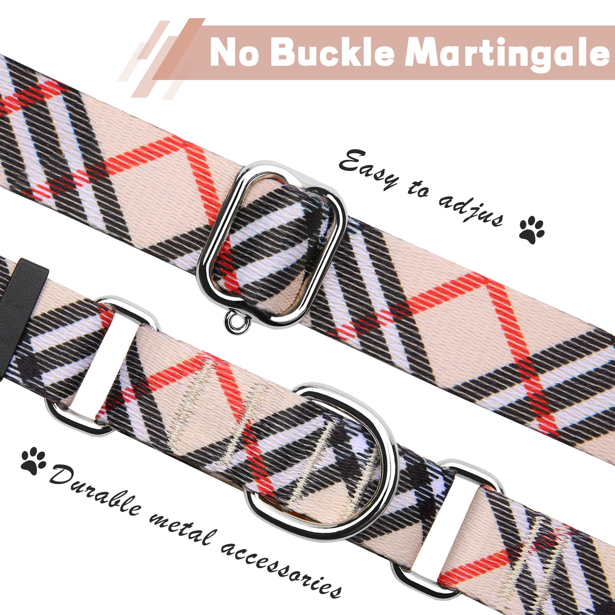 Hikiko Martingale Collar For Dogs With No Buckle Nylon Training Dog Collars For Large Dogs,Khaki Plaid,L