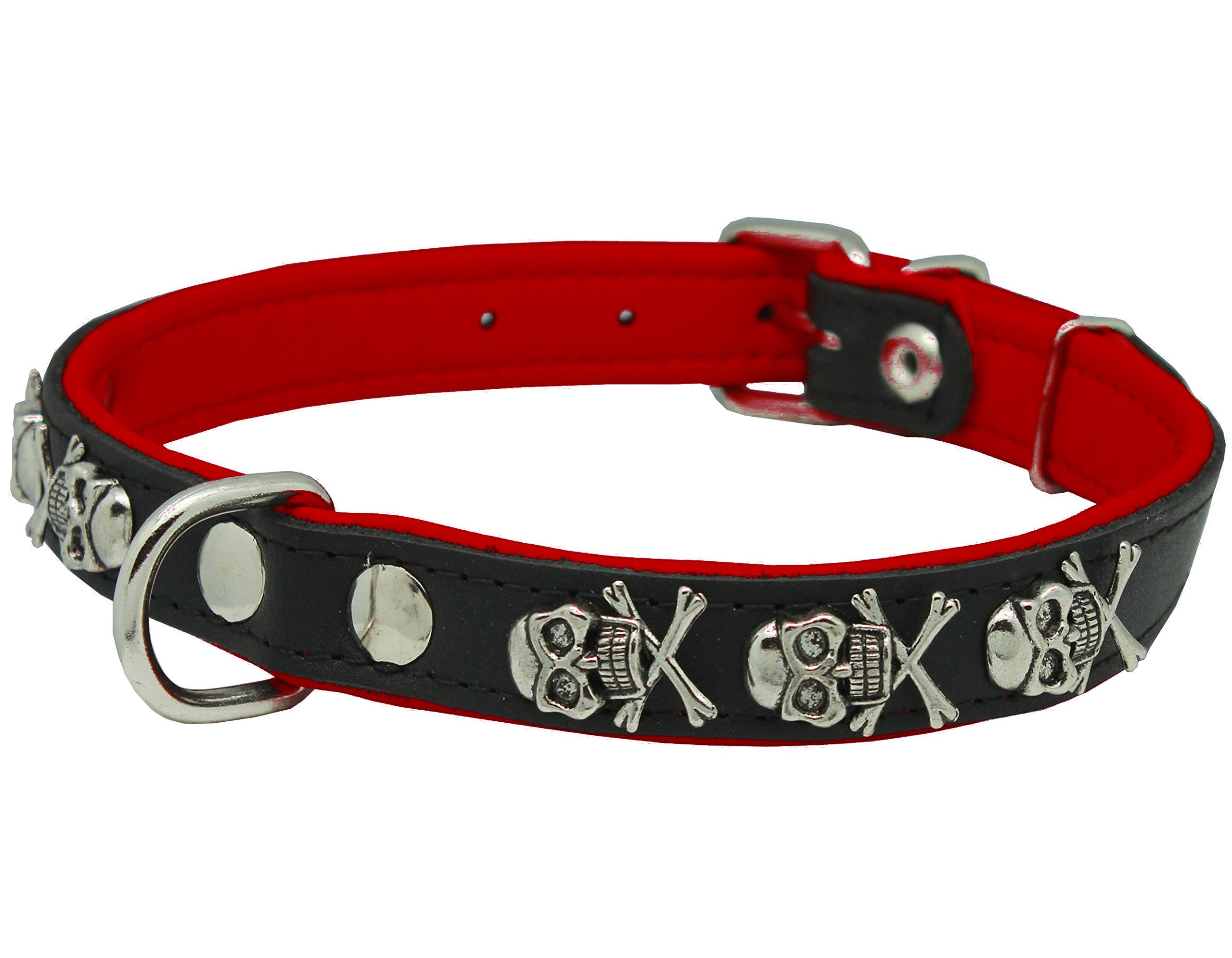 Dogs My Love Real Leather Skull Studded Padded Dog Collar (15.5''-18.5'' Neck; 3/4'' Wide, Black/Red)