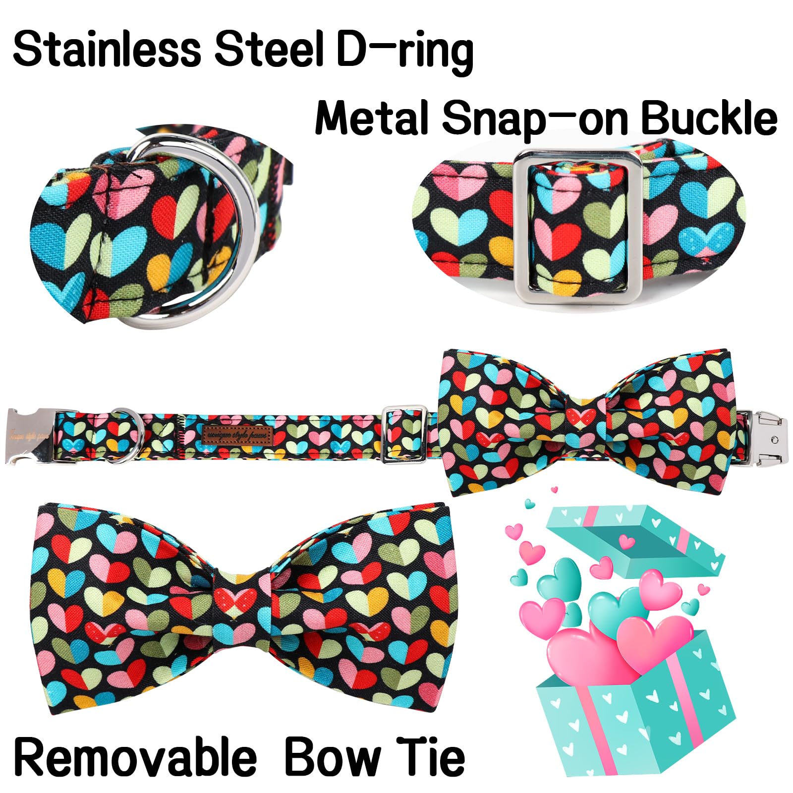 Unique Style Paws Valentine'S Dog Collar With Bow Colorful Heart Love Dog Collars For Small Medium Large Dog