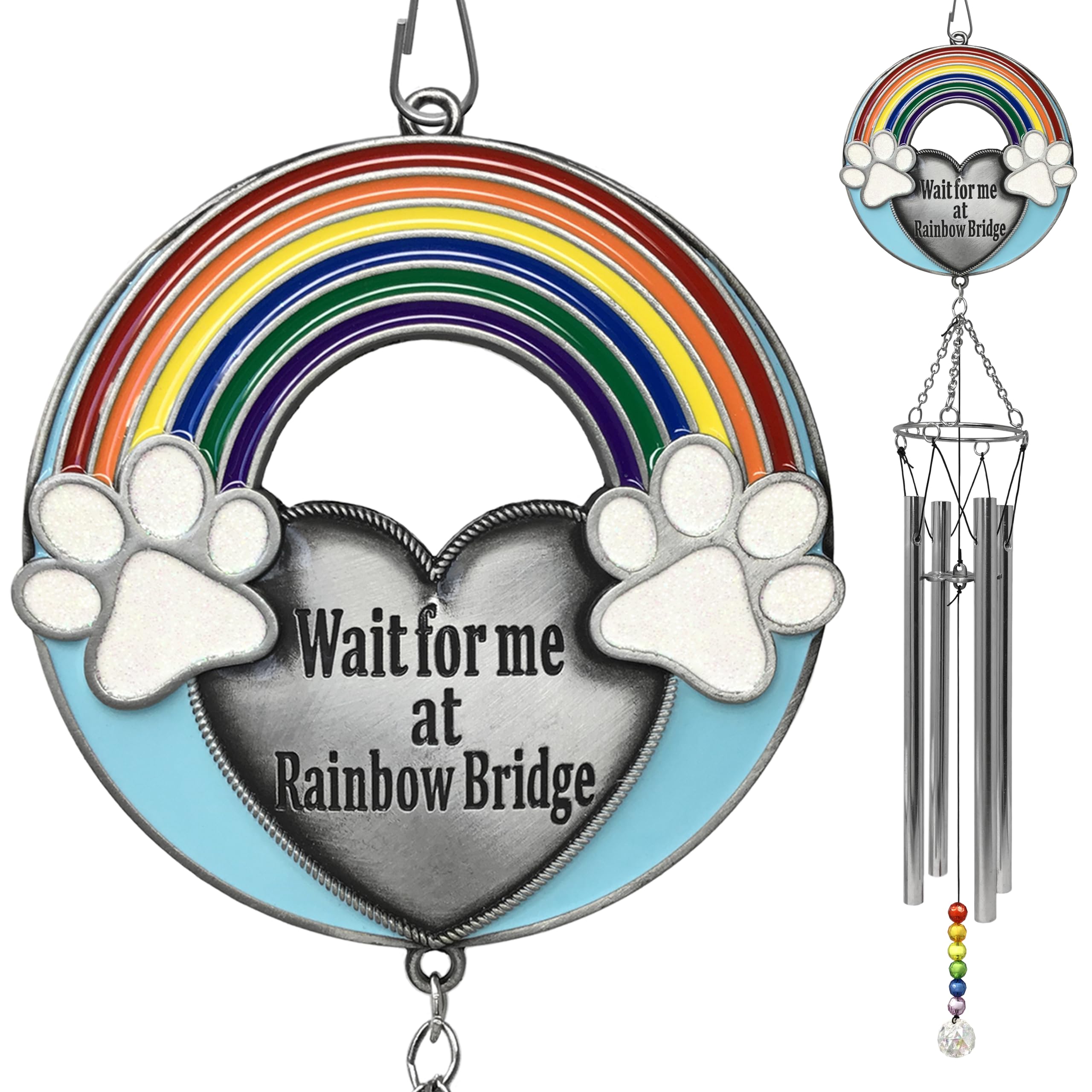 Rainbow Bridge Pet Memorial Windchime - Wait For Me At Rainbow Bridge - Loss Of A Pet Dog Or Cat Hang Near Your Pet'S Grave To Help You Remember Them Every Time The Wind Blows. 22' H
