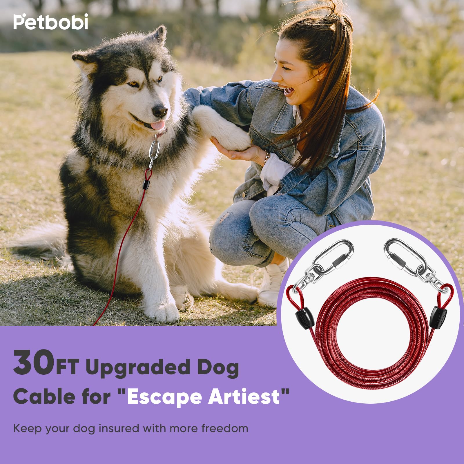 Petbobi Heavy-Duty Dog Tie-Out Cable - 30Ft Extra Strong Wire Cable For Large Pets Up To 300Lbs, Rust Proof Dogs Leash With Cara