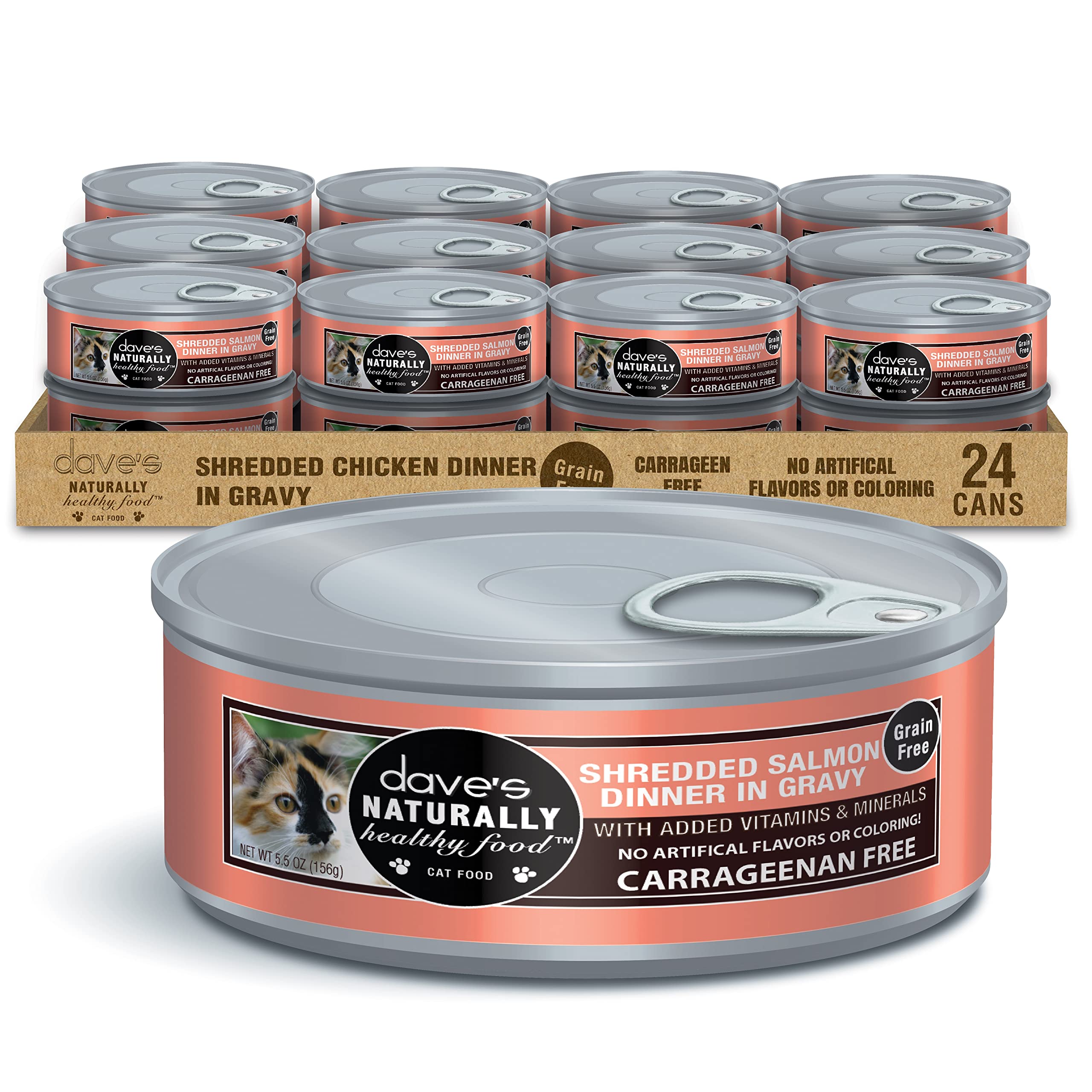 Daves Pet Food Grain Free Wet Cat Food (Shredded Salmon in Gravy), Made in Canada Naturally Healthy Canned Cat Food, Added Vita