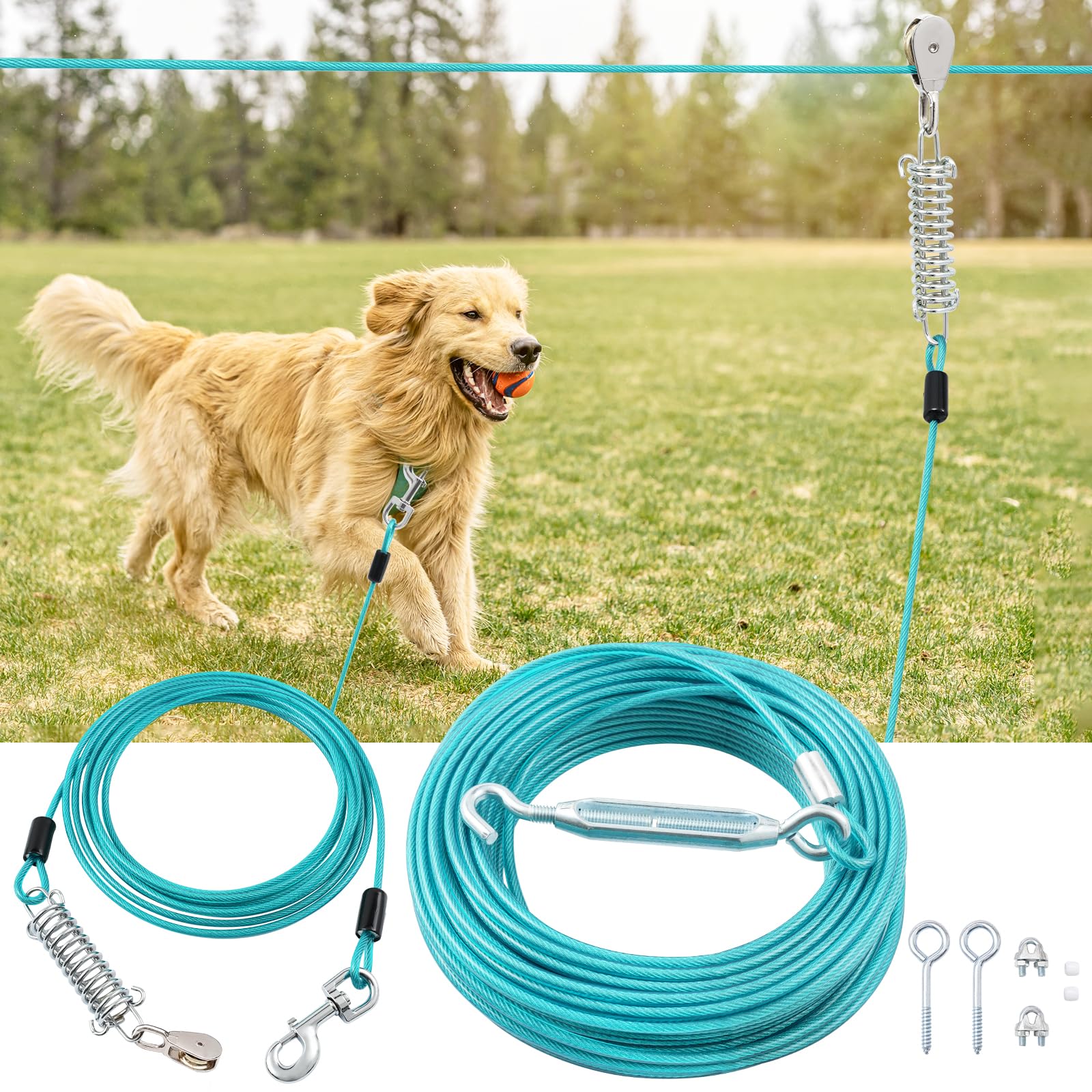 Luffwell Runner For Yard, 200Ft Long Lead With 15Ft Pulley Tie Out Cable For Heavy Duty Dogs Up To 250Lbs, Trolley System For La