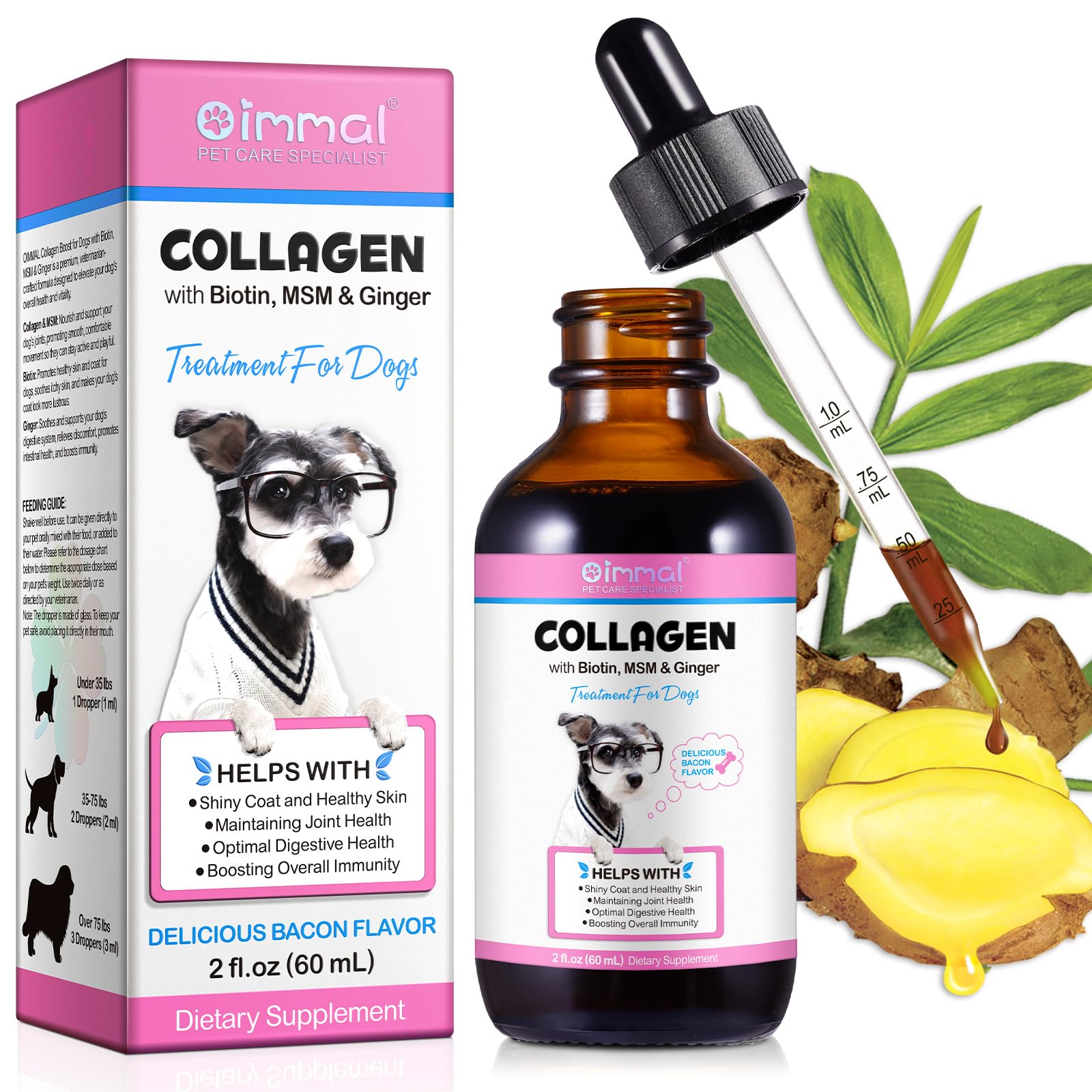 Collagen for Dogs, Dog Collagen Liquid Drops with Biotin, MSM & Ginger Digestive & Immunity Support, Itch Relief, Skin & Coat an