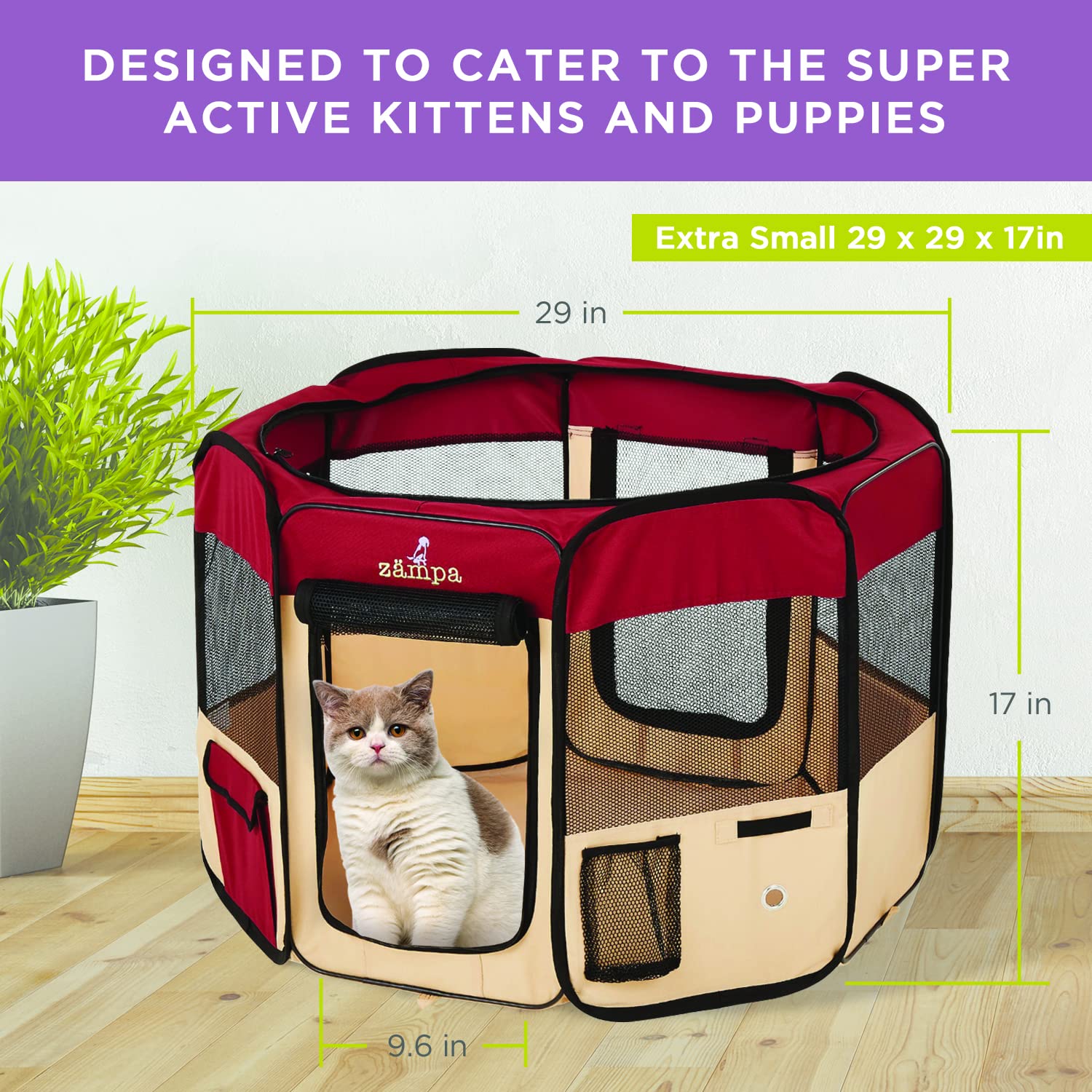Zampa Puppy Pop Up Extra Small 29''X29''X17'' Portable Playpen For Dog And Cat, Foldable | Indoor/Outdoor Kitten Pen & Travel Pe