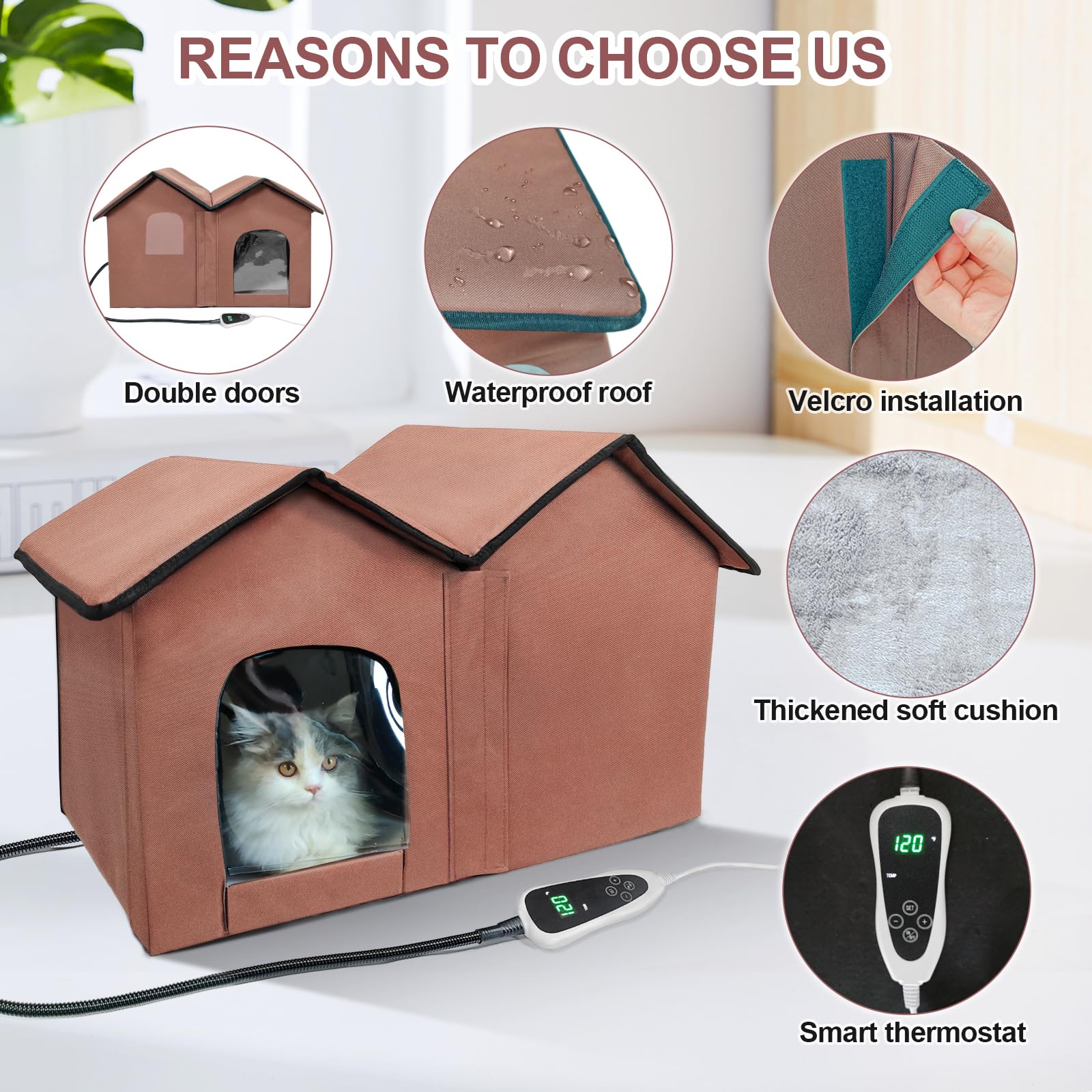 Golopet Heated Cat House With Intelligent Thermostat, Foldable Insulated Shelter For Indoor Outdoor Cats, Large Size With Double