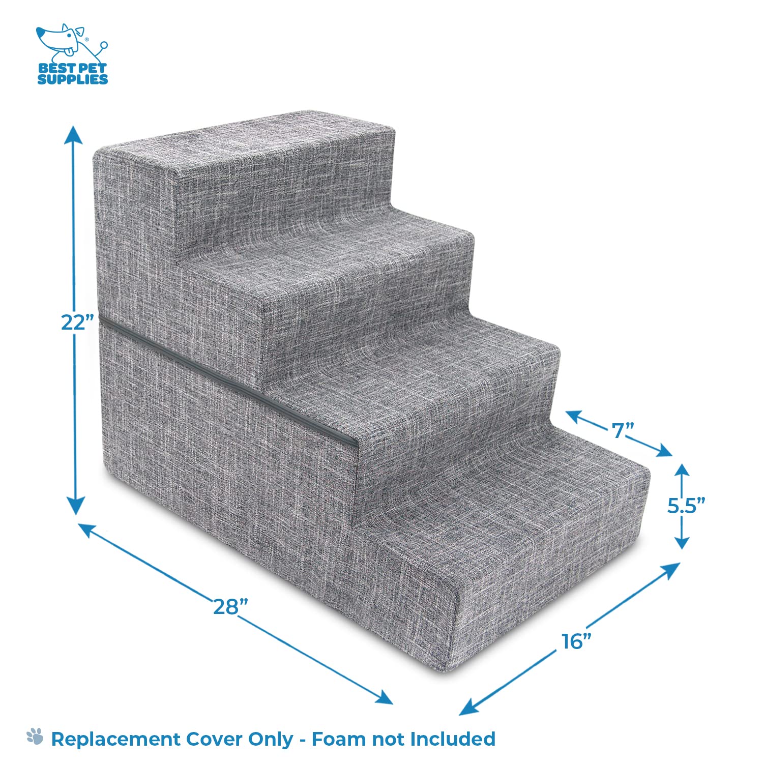 Best Pet Supplies 4-Step Foldable Pet Stairs Cover - Non-Slip Plush Fabric, Gray Linen, Provides Traction & Stability for Dogs