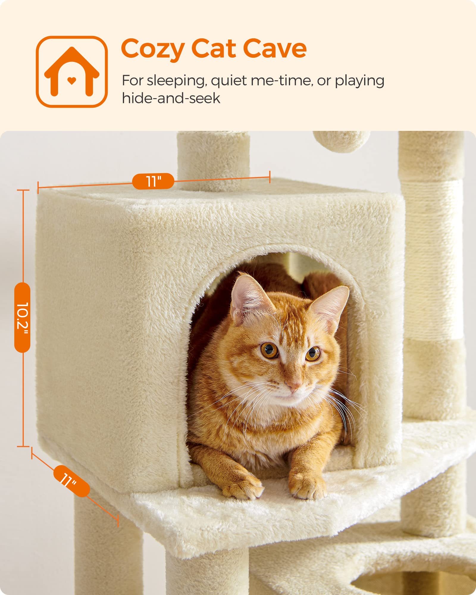 Feandrea Cat Tree, 61-Inch Cat Tower For Indoor Cats, Plush Multi-Level Cat Condo With 5 Scratching Posts, 2 Perches, 2 Caves, Hammock, 2 Pompoms, Beige Upct192M01