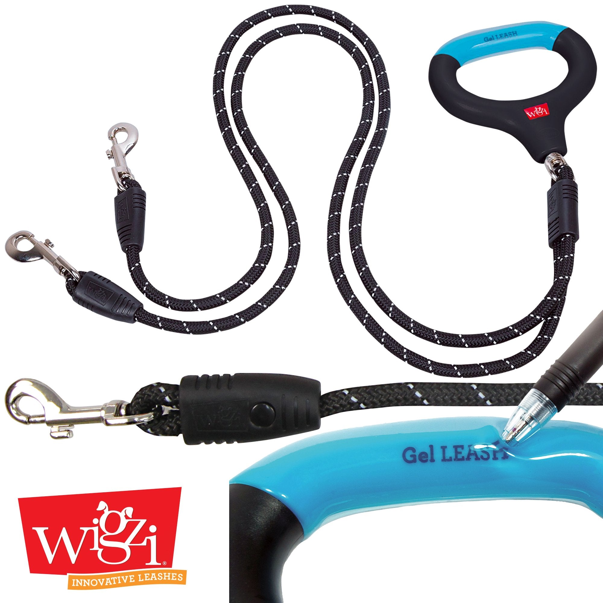 Wigzi 2 Dog Reflective Rope Leash - 360° Automatically Untangles Itself– Durable Rope, Soft Cushion Gel Handle, 4.5 Feet Total Distance Each Dog, Rust Proof, All Weather, Black