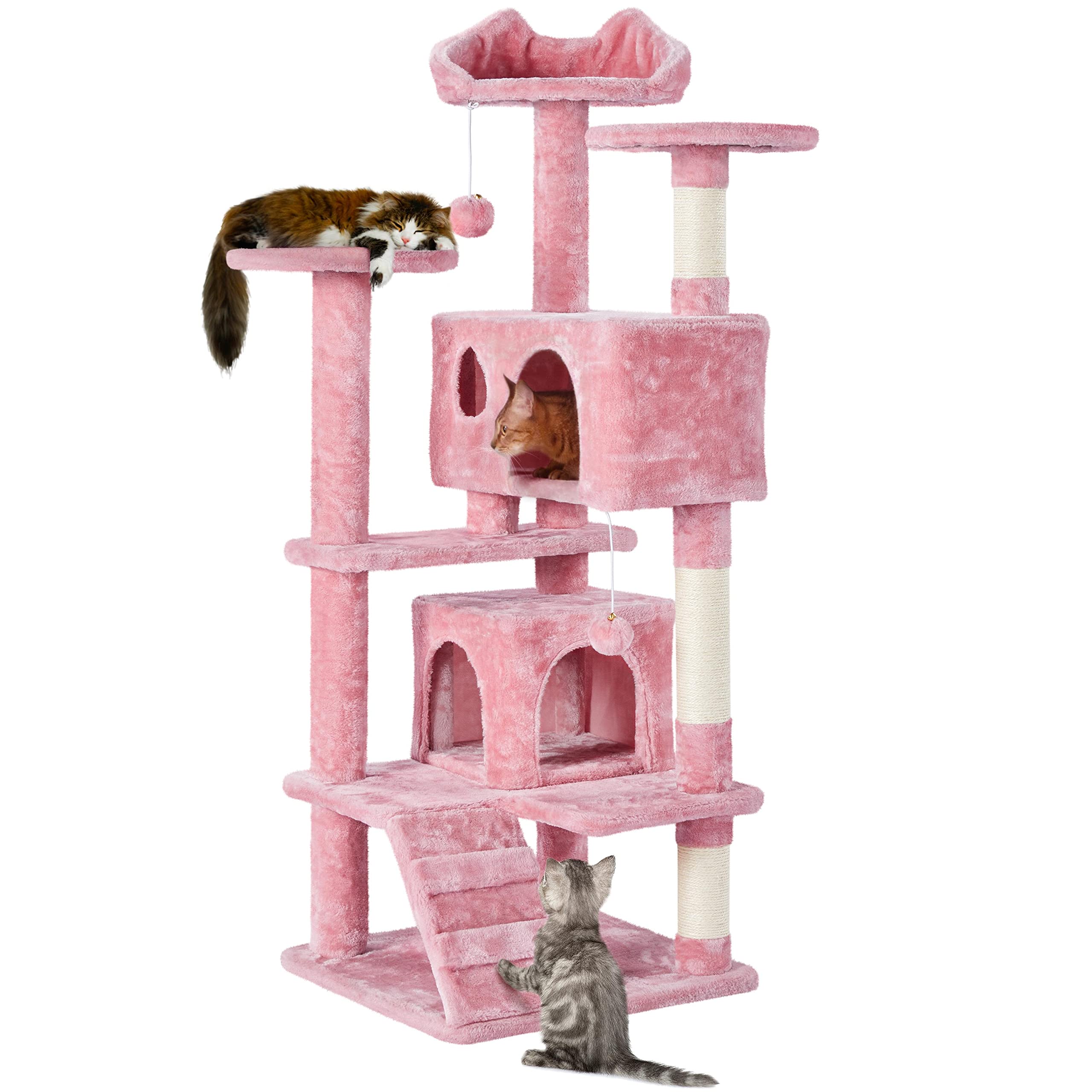 Yaheetech 54In Cat Tree Tower, Multi-Level Cat Tree For Indoor Cats With Scratching Posts, Dangling Balls Cat Play House, Pink