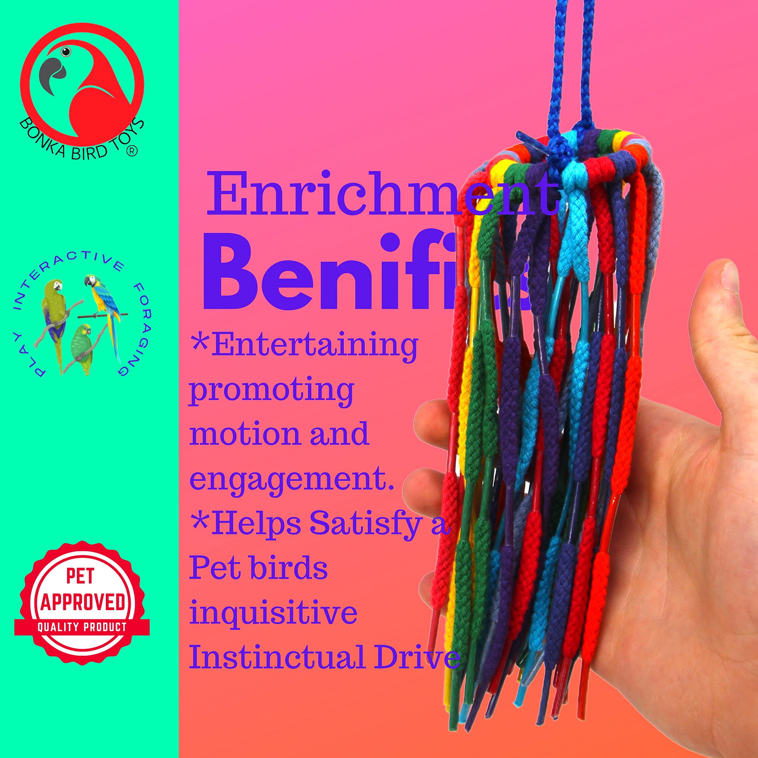 Bonka Bird Toys 51214 Small Aglet Heaven, 11' Hanging Bird Toy, Soft Colorful Cotton Shoelace Ring With Plastic Aglets, Lightweight And Easy To Play With, Safe For Parrots, Parakeets, Cockatiels