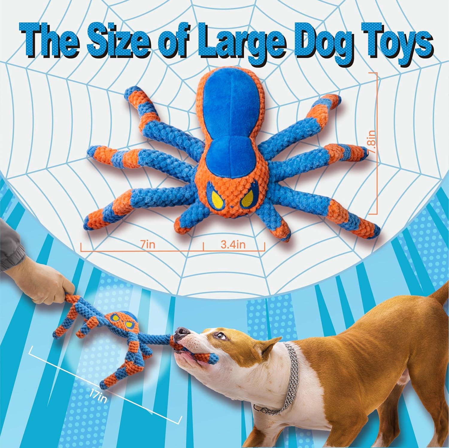 LEGEND SANDY Large Dog Toys for Aggressive Chewers - Interactive Squeaky & Crinkle Tug Toy in Blue Spider