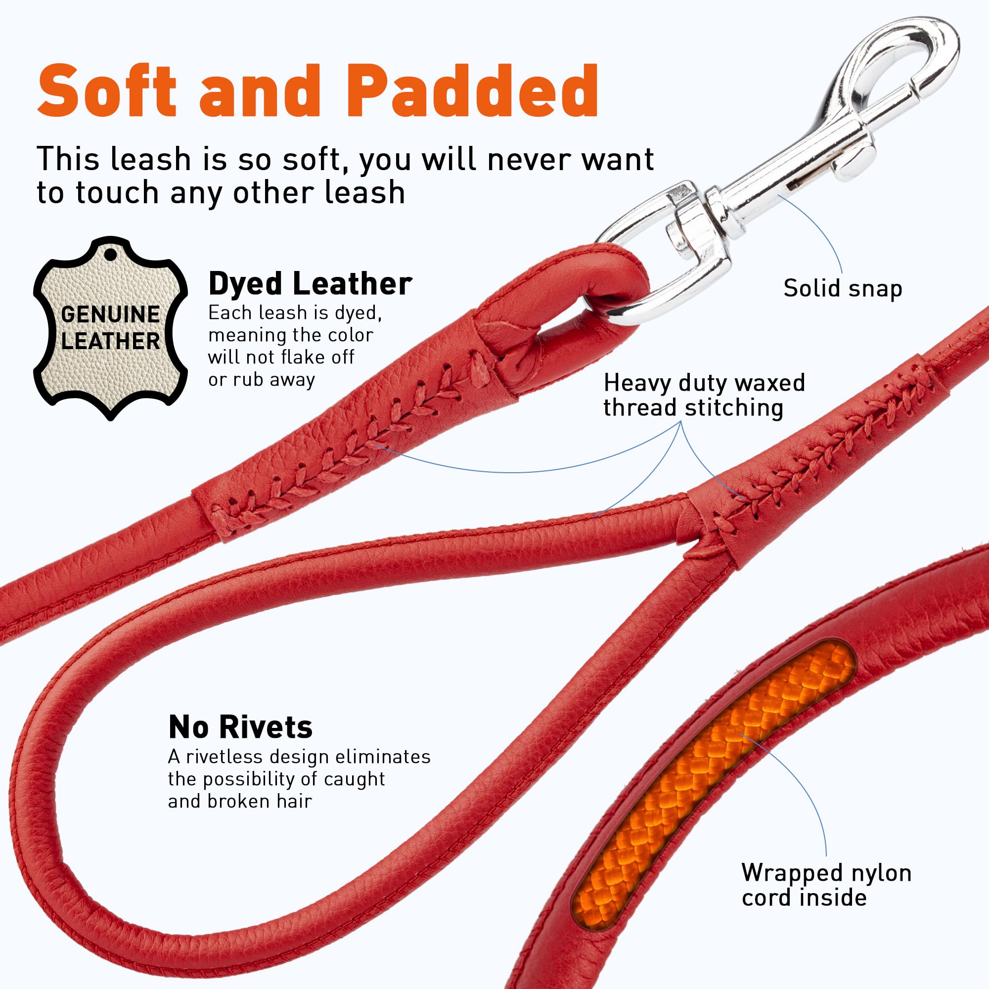 Dogline Rolled Leather Dog Leash - For Small, Medium And Large Breeds - Soft And Padded Lead Luxury Design - Red - 1/2In W X 6Ft L