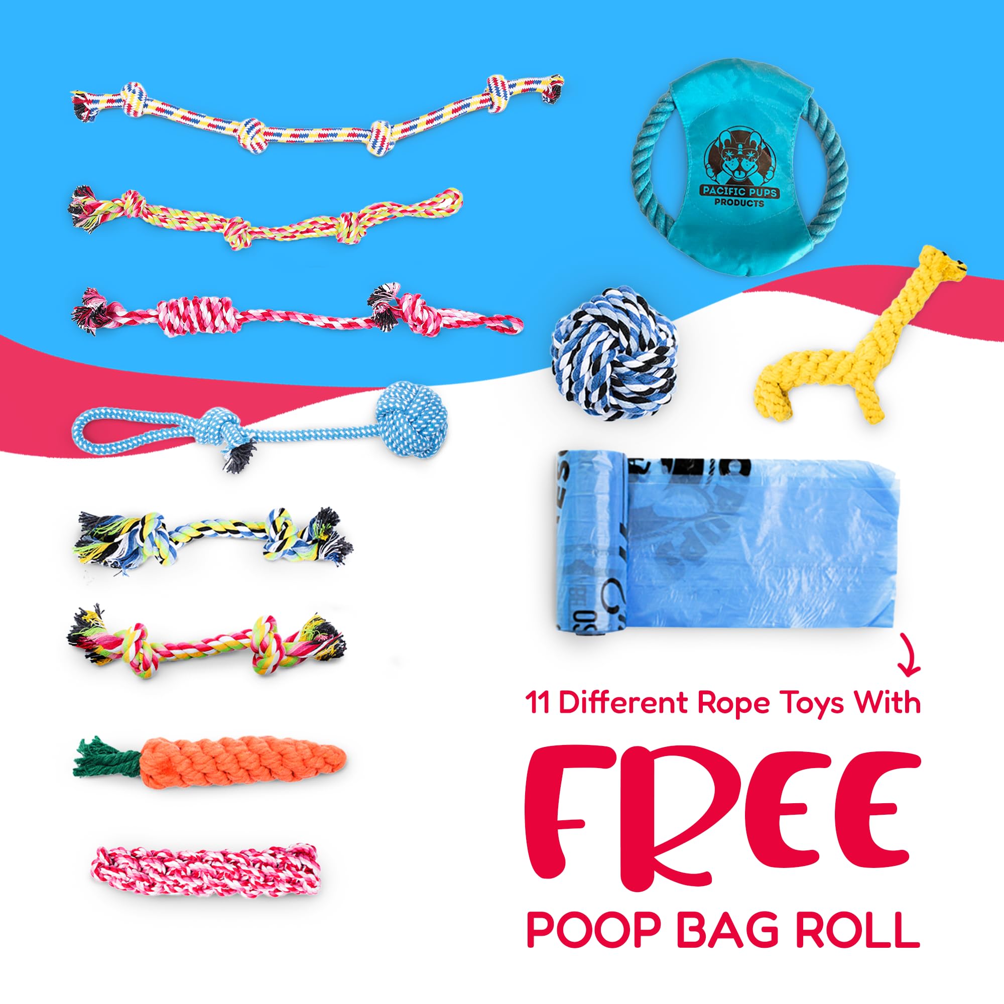 Pacific Pups Products Rope Dog Toy Bundle - 11 Pack of Multi Color Tug & Chew Toys for Medium and Small Dogs