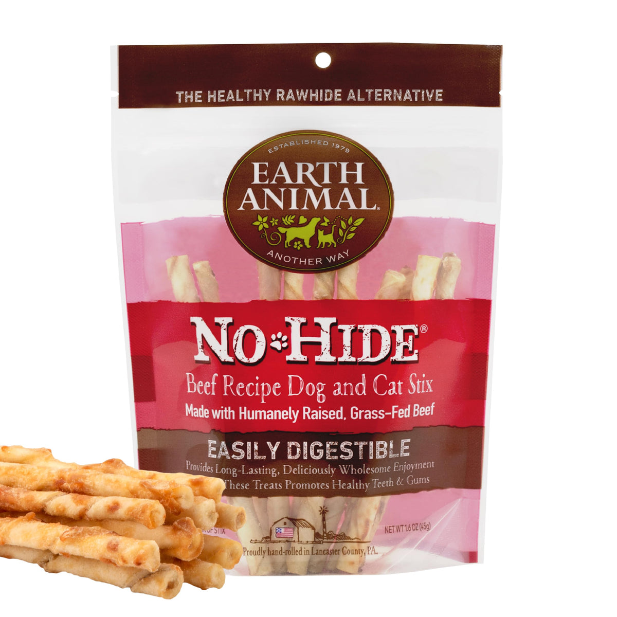 Earth Animal No Hide Stix Beef Flavored Natural Rawhide Free Dog Chews Long Lasting Chew Sticks |Treats For Small Dogs And Cats | Great For Aggressive Chewers (1 Pack)