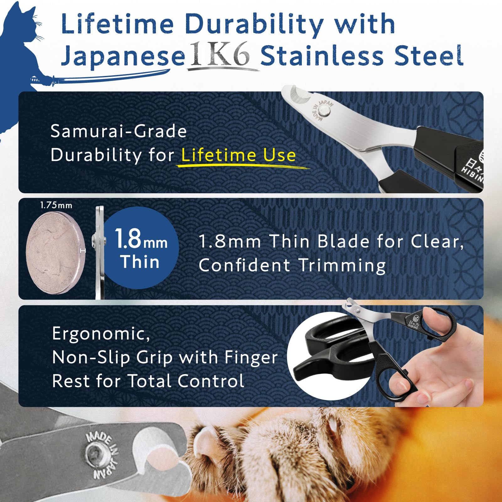 HIBINO Samurai-Grade Cat Nail Clippers | Vet Recommended | Sharper, Quieter & Safer | Precision Blade for Stress-Free Grooming |
