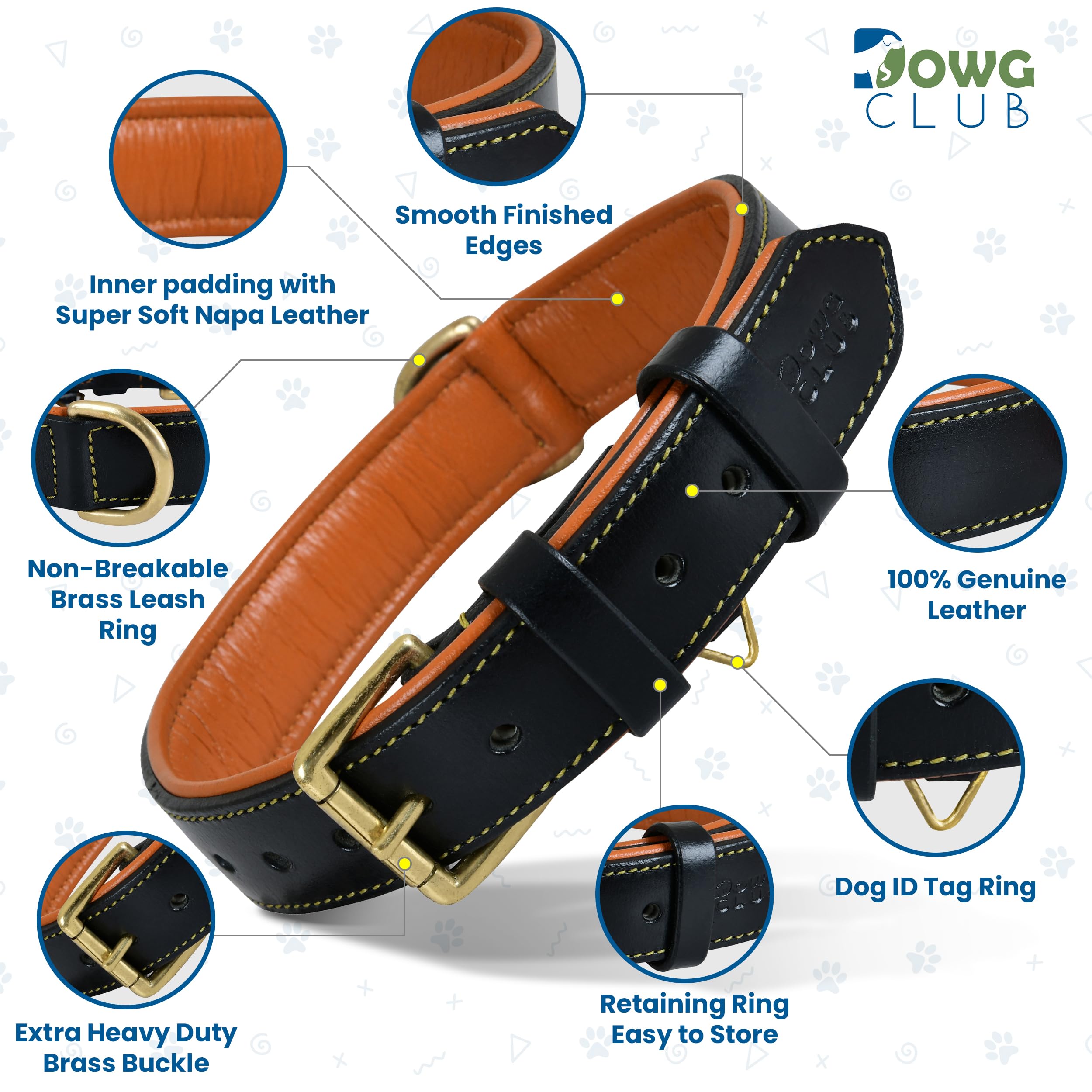 Dowgclub | Genuine Leather Dog Collar | Full Grain, Heavy Duty | Padded, Comfortable, Strong | Best For Pups, Small, Medium, Large, X- Large Dog Breeds, (Medium (Fit Neck Size 14.5'-18.5'), Black)