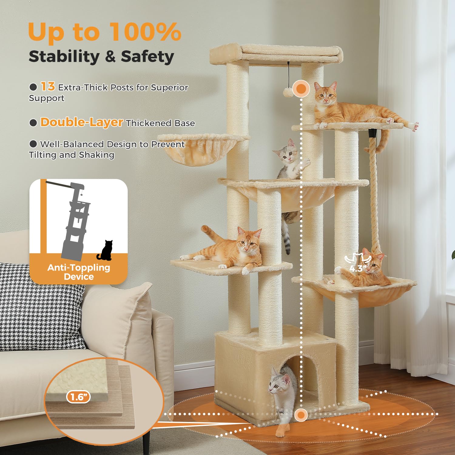 MUTTROS Large Cat Tree - 67 Tall Cat Tower for Large Cats, Beige, Multi-Level Condo with 13 Sisal Scratching Posts, Perch & Hammocks