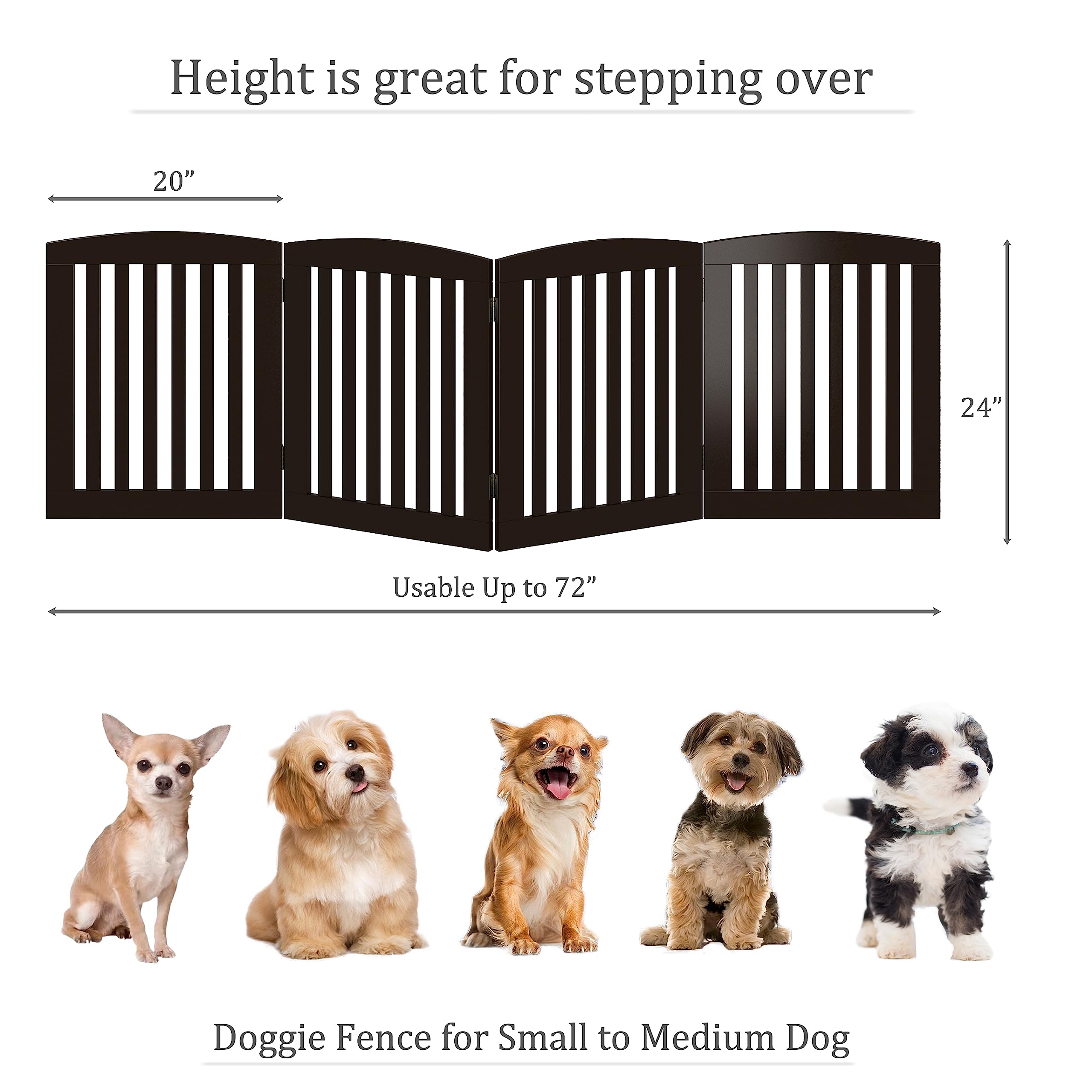 Pawland Wooden Freestanding Foldable Pet Gate For Dogs, 24 Inch 4 Panels Step Over Fence, Dog Gate For The House, Doorway, Stairs, Extra Wide (Espresso, 24' Height-4 Panels)