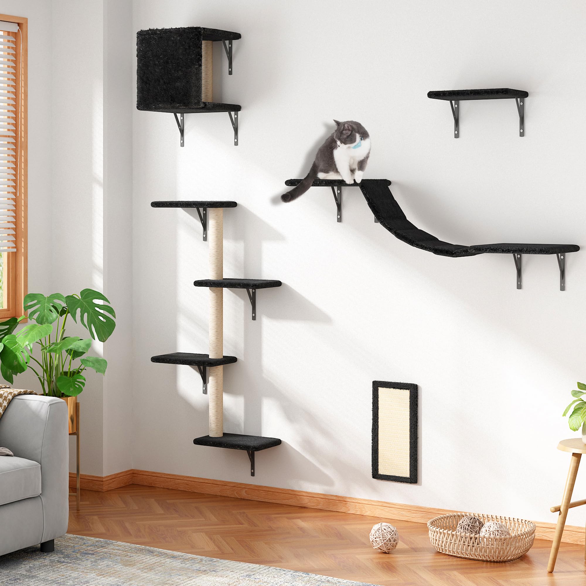 COZIWOW Cat Wall Shelves and Mounted Perches,Climber Set with 5pcs Including Cat Scratching Post, Hanging Bed, House, Steps, Tre