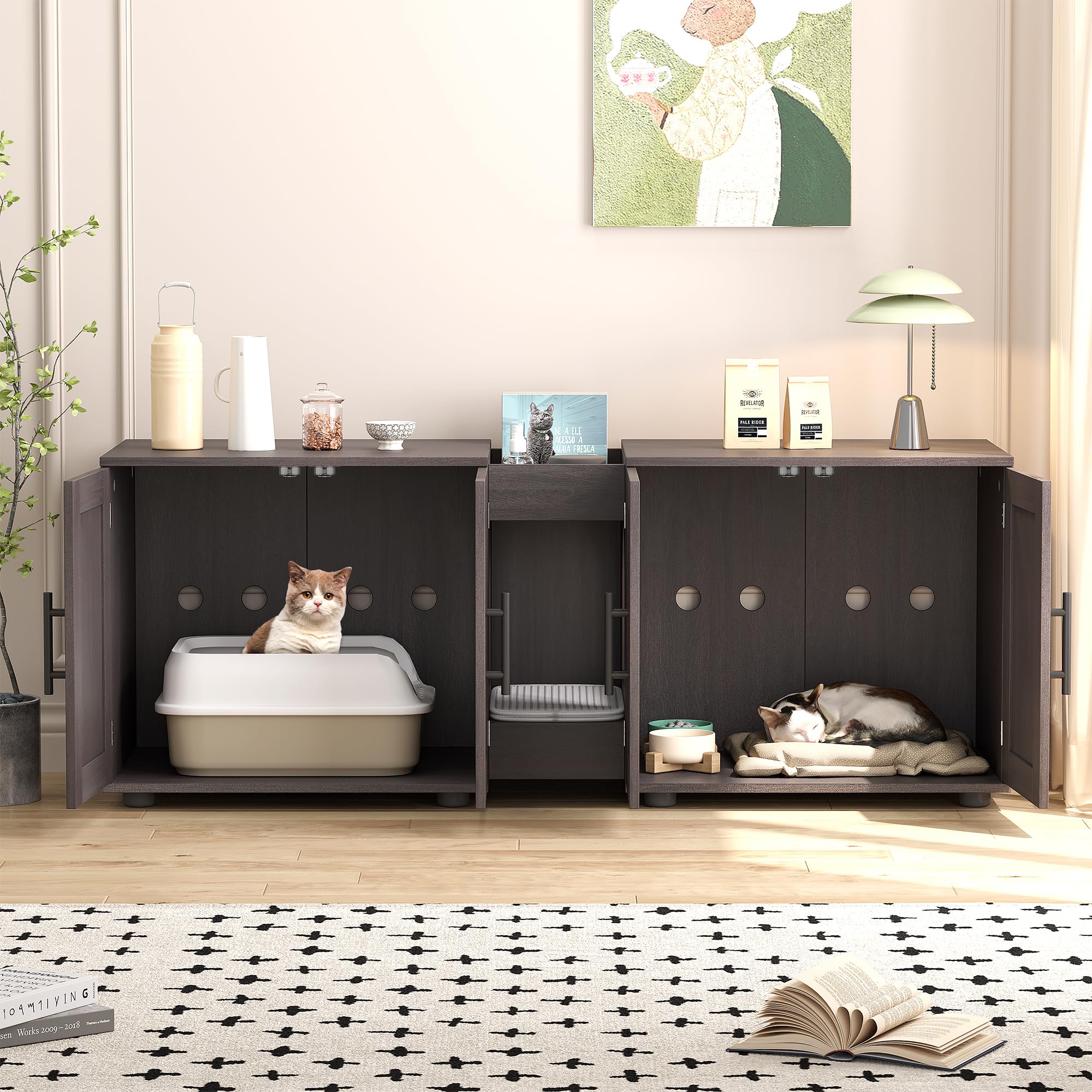 MilleLoom 55 Double Cat Litter Box Enclosure for 2 Cats, Multi-Functional Hidden Litter Box Furniture for Indoor Pet House,TV St